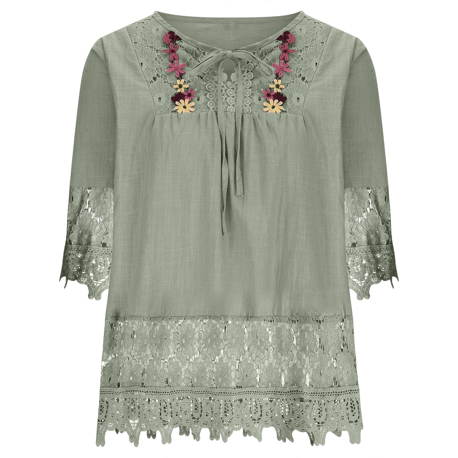 Boho Women's Cotton Linen Embroidered Flowy Shirt - Plus Size 3/4 Sleeve Crochet Blouse for Casual Wear | Perfect for Beach Outings, Summer Vacations & Boho-Chic Outfits