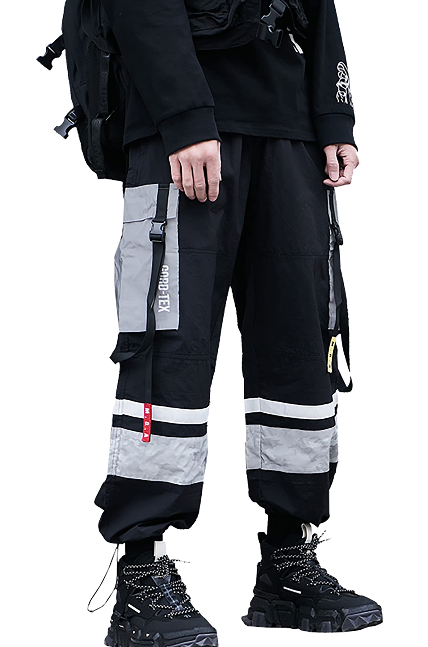MOKEWEN Men's Reflective Casual Punk Jogger Cargo Pants with Multiple Pockets - Stylish & Comfortable for Outdoor Running, Streetwear & Night Safety