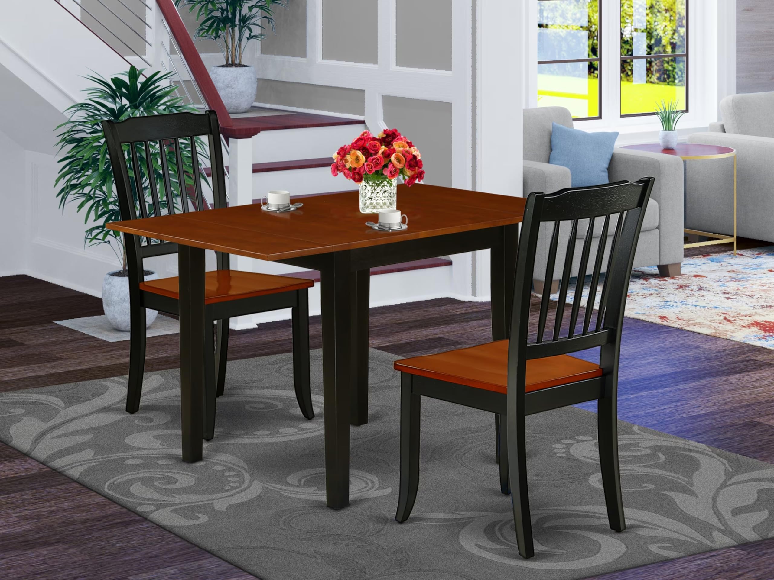 Modern 3-Piece Dining Table Set with Drop-Leaf Rectangle Wooden Table & 2 Chairs - 30x48 Inch, Black & Cherry Finish - Perfect for Small Spaces, Apartments & Cozy Dining Areas