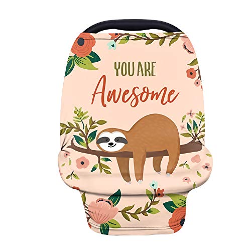 **COEQINE Breathable Infant Car Seat Cover & Nursing Canopy - Soft Stretchy Sloth Floral Print for Newborns, Baby Girls & Boys | Perfect for Car Travel, Breastfeeding & Outdoor Protection**