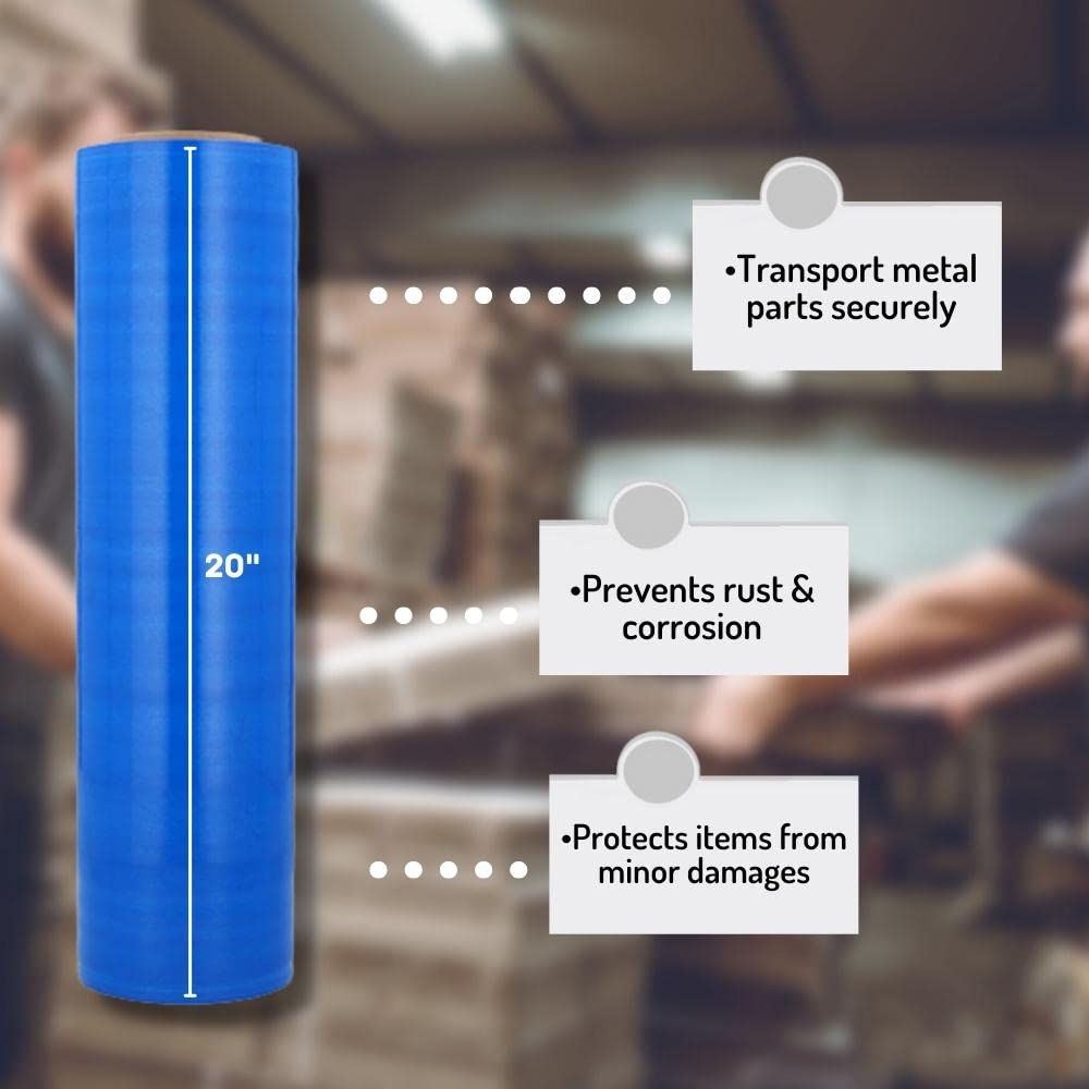 PSBM VCI Machine Stretch Wrap - 20 Inch x 4500 Feet, 100 Gauge Blue Plastic Cling Film with Corrosion Inhibitor Technology (1 Pack) - Ideal for Industrial Equipment Storage & Metal Parts Protection