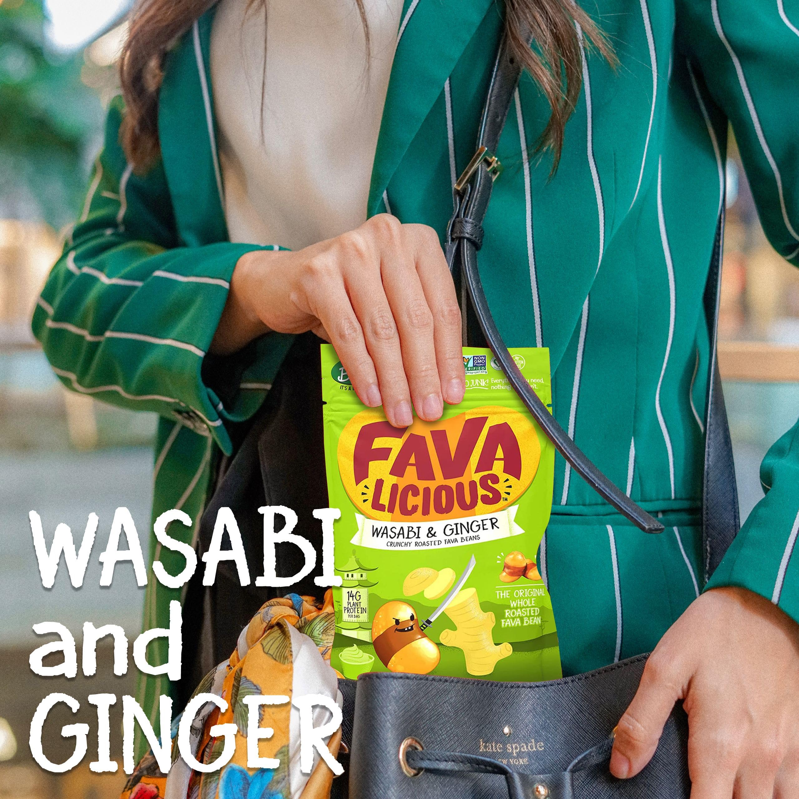 Nuttee Bean Favalicious Roasted Fava Bean Snacks - Vegan, Gluten-Free, Plant-Based Healthy Snacks for Adults & Kids - Wasabi & Ginger Flavor - 2 Oz (Pack of 12) - Perfect for Office, School, Travel & Movie Night Snacking