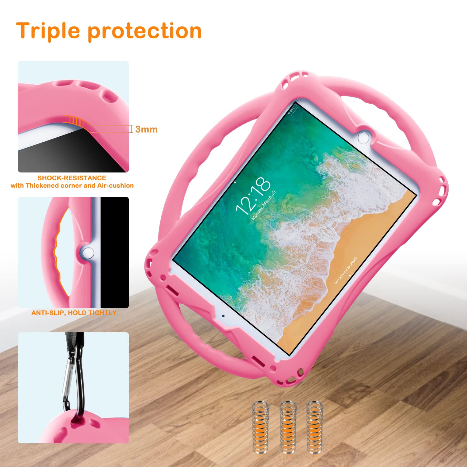 TopEsct Shockproof Kids Case for iPad 2017/2018 9.7 inch & iPad Air/Air 2 - Pink Silicone Protective Cover with Tempered Glass Screen Protector & Strap - Perfect for School, Travel & Home Use