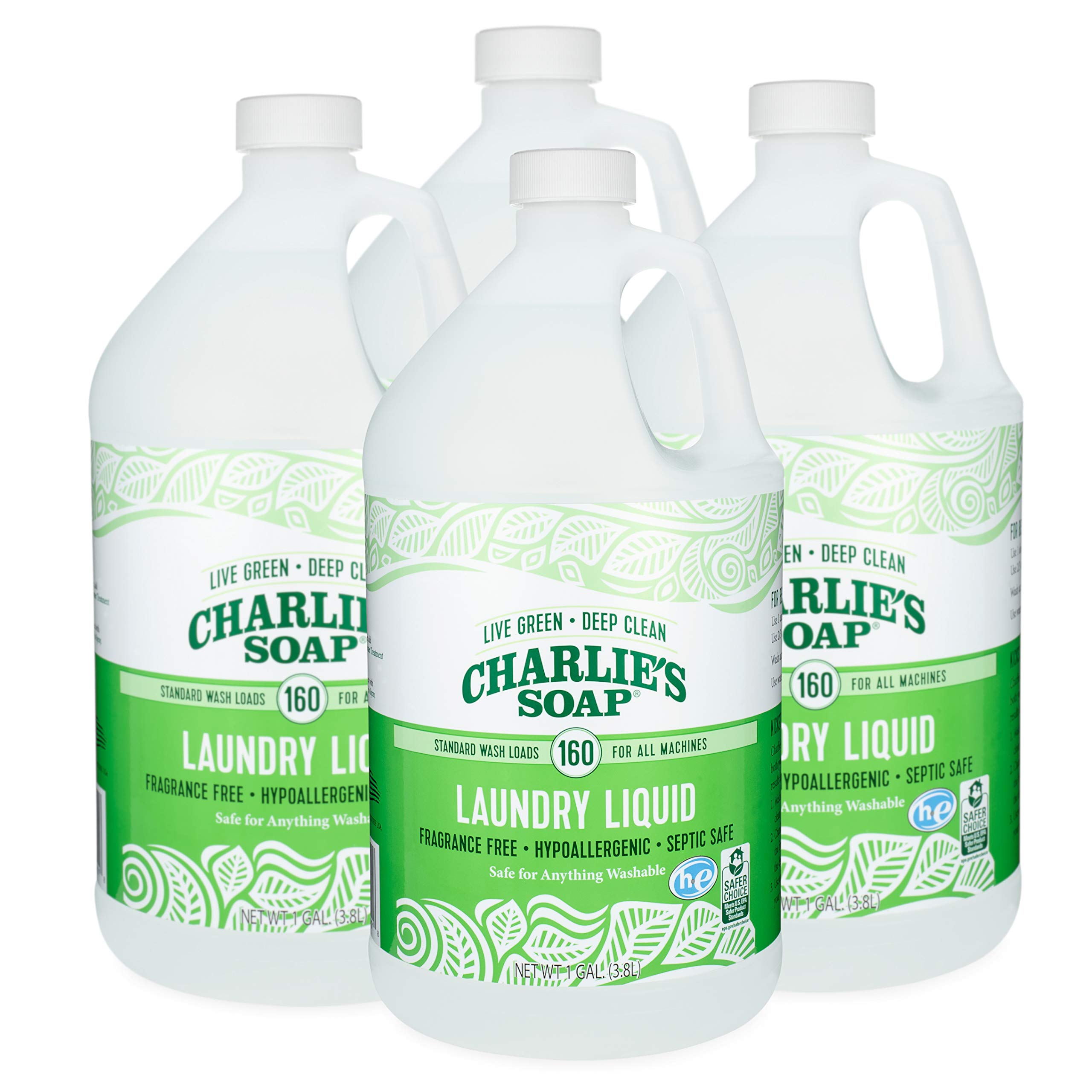 Charlie’s Soap Natural Laundry Detergent Liquid (160 Loads, 4 Pack) - Hypoallergenic, Biodegradable & Eco-Friendly Deep Cleaning Formula for Sensitive Skin - Perfect for Baby Clothes, Gym Wear & Sustainable Household Use