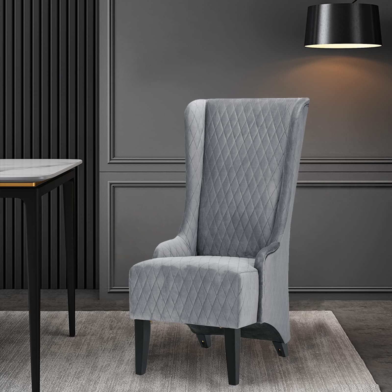 Wing Back Dining Chair - High Back Velvet Upholstered Side Chair for Living Room, Retro Accent Armless Throne Seat in Grey | Perfect for Bedroom, Dining Room, Banquet & Dinner Parties