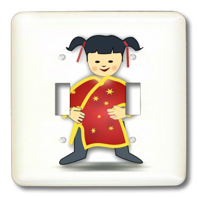 3D Asian Girl in Red on White Double Toggle Switch - Stylish Wall Plate Cover for Home Decor, Bedroom, Living Room & Office