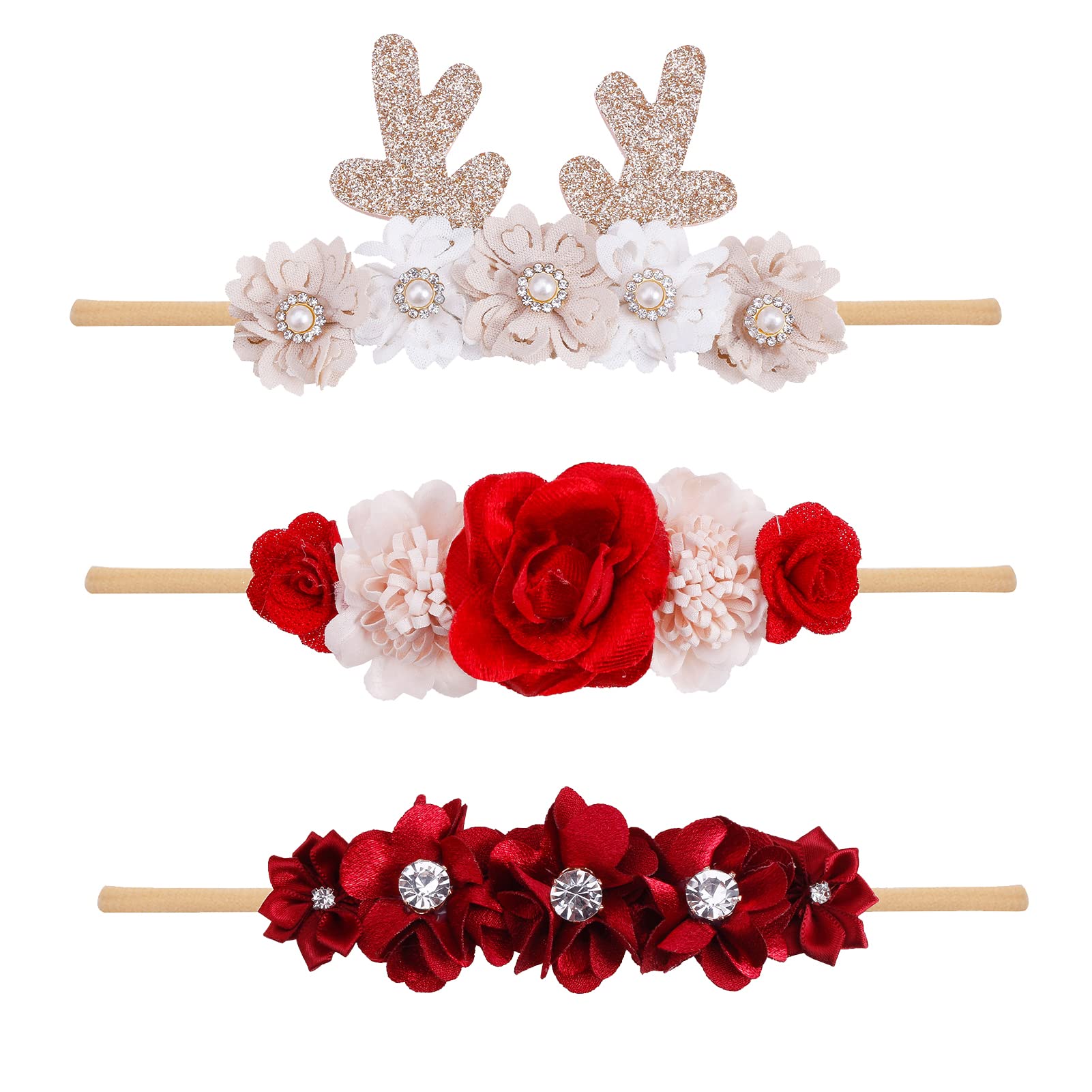 Baby Girl Christmas Hair Accessories Headbands Set - 3Pcs Elastic Hair Bands with Floral Crowns for Newborns, Infants & Toddlers | Perfect Xmas Gifts for Holiday Photos & Party Outfits