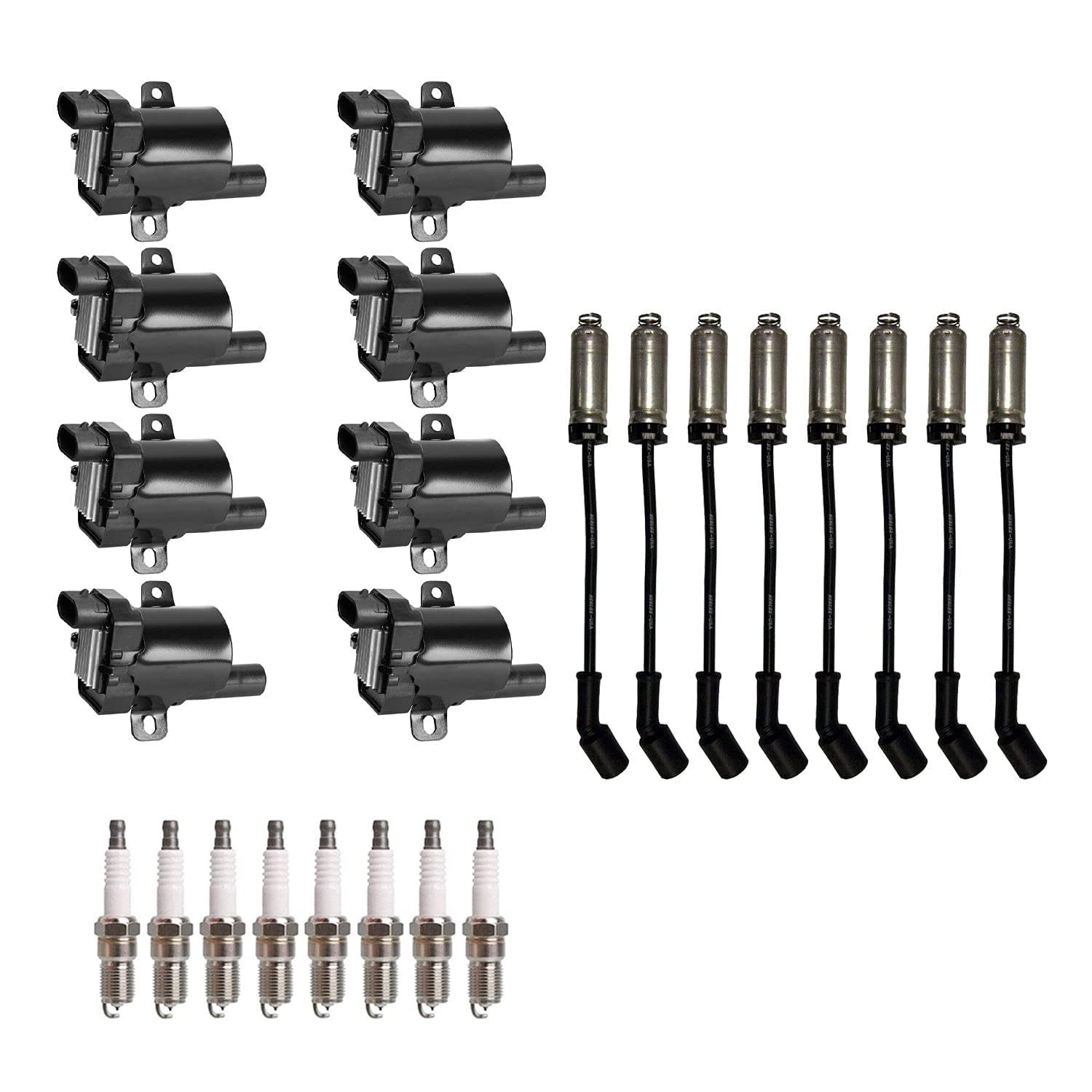 8-Piece ENA Ignition Coil Pack & Platinum Spark Plug Wire Set Compatible with Chevy Escalade/Silverado/Sierra/Suburban/Tahoe/SSR 4.8L 5.3L 6.0L - Replaces UF262 C1251 41-962 - Perfect for Engine Tune-Up & Performance Enhancement
