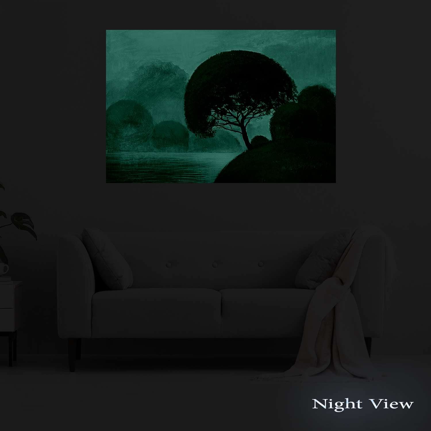 Modern Canvas Wall Art - Green Trees & Water Landscape Painting Stretched Print - Ready to Hang Home Decor for Bedroom, Living Room or Office - Unique Luminous Artwork 32x48 Inches - Perfect for Nature-Themed Interior Design & Relaxing Home Atmosphere