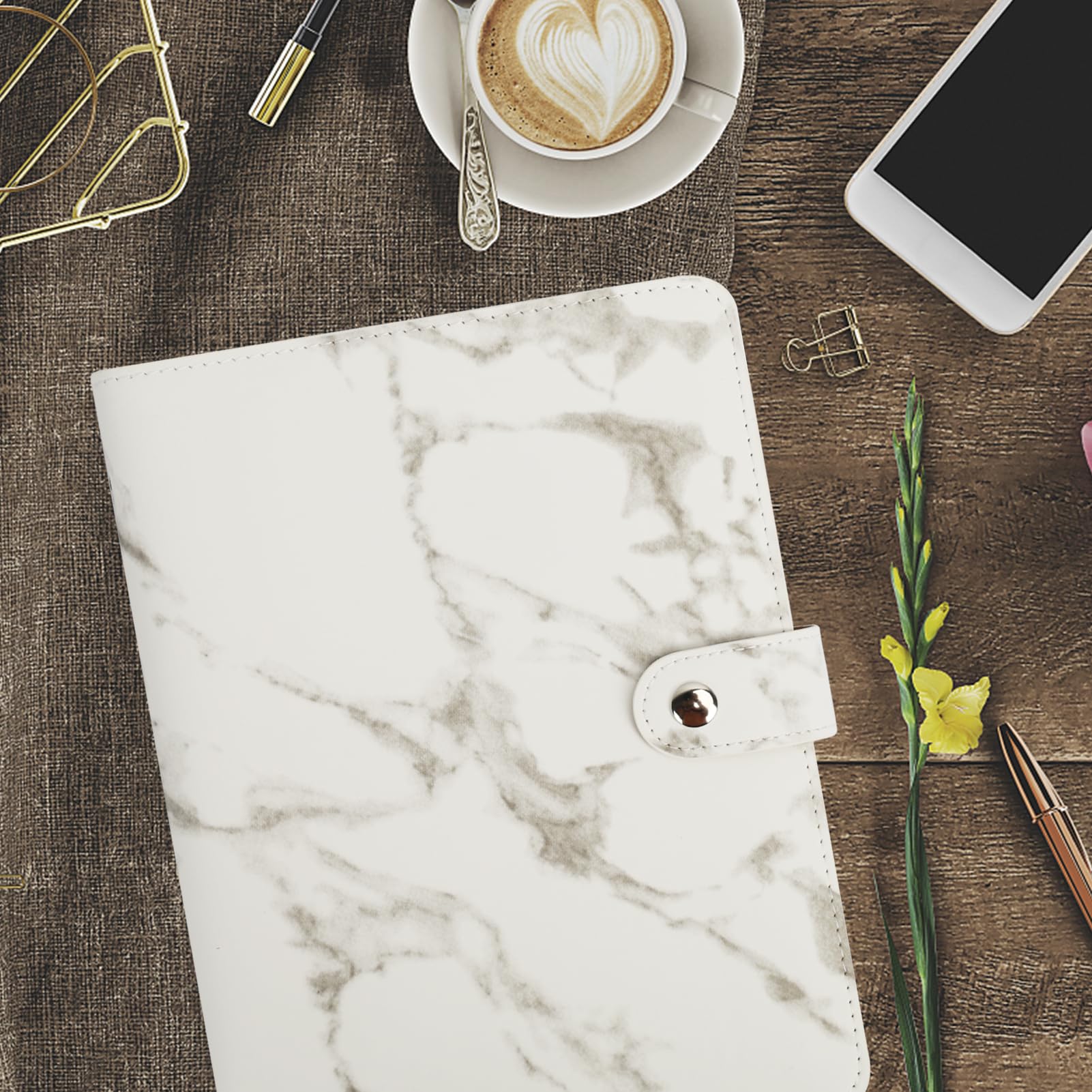 Colorlife A5 PU Leather 6-Ring Binder Notebook with Refillable Paper & Magnetic Closure - Marble White | Perfect for Office, School, Planner & Journal Organizing