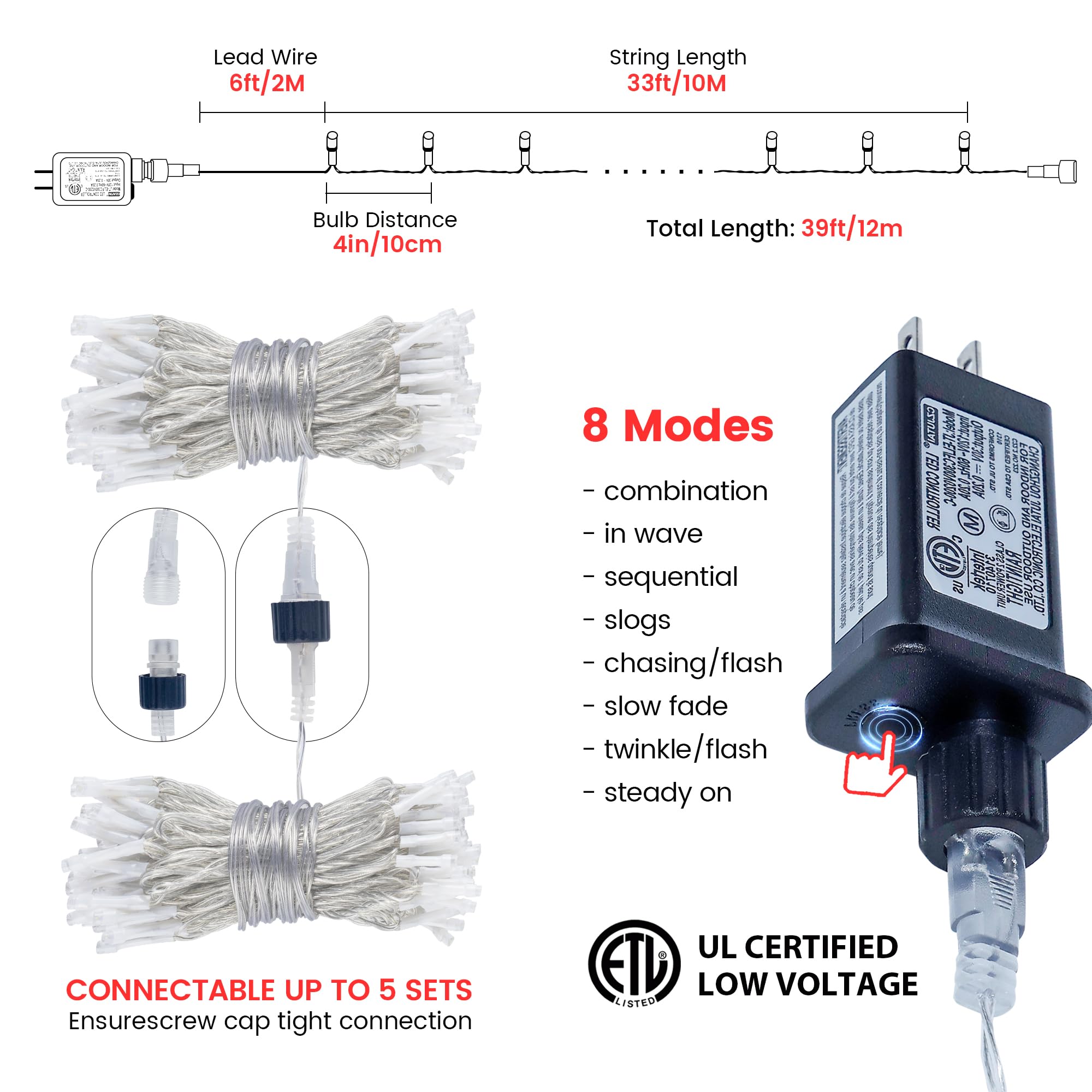 Hopolon 33FT 100 LED String Lights - Waterproof Connectable Fairy Lights for Christmas Tree, Wedding & Bedroom Decor