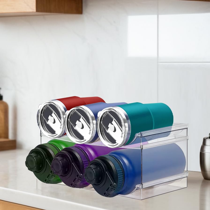 2 Pack Stackable Plastic Water Bottle Organizer - Space Saving Kitchen Pantry Storage Shelf for Cabinet & Fridge Organization - Perfect for Soda, Juice & Sports Drink Bottles in Home, Office or Dorm