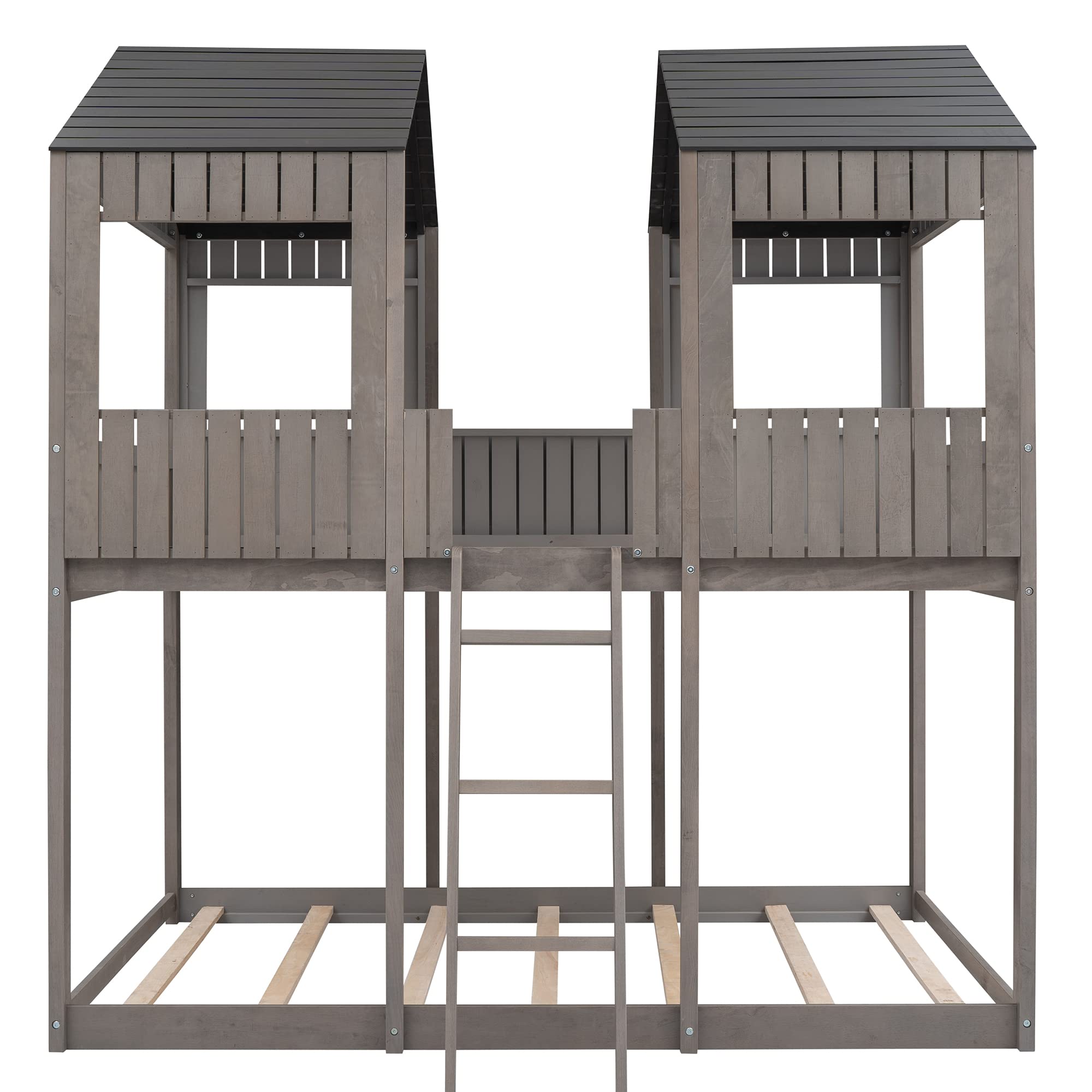 LZ LEISURE ZONE Full Over Full Bunk Bed with Roof & Ladder - Solid Wood Loft Bed with Window & Guardrail - Antique Gray Finish - Perfect for Kids' Bedroom, Guest Room & Small Space Living