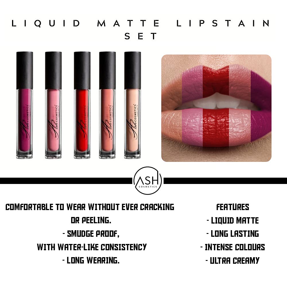 Ash Cosmetics Vegan Liquid Matte Lipstain - Ultra Creamy, Long Lasting, Smudge Proof & Non Sticky - Velvety Smooth Contouring Pigment - Nude, Red & Natural Shades (5 Colors) - Perfect for Everyday Wear, Date Nights & Special Occasions - Women's Gift Idea