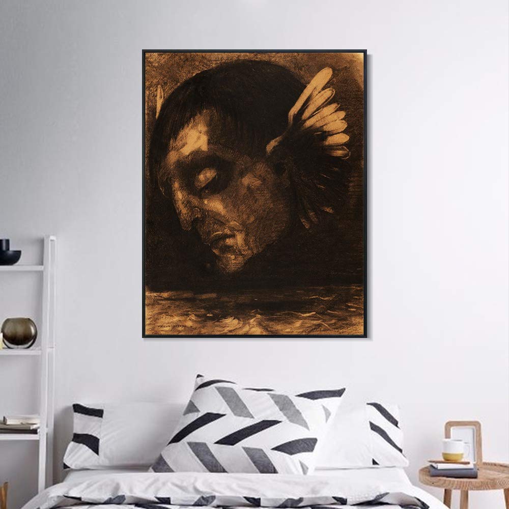 INVIN ART Framed Canvas Giclee Print - Winged Head by Odilon Redon Wall Art - Black Slim Frame 20x24 Inches - Perfect for Living Room, Bedroom & Home Office Decor