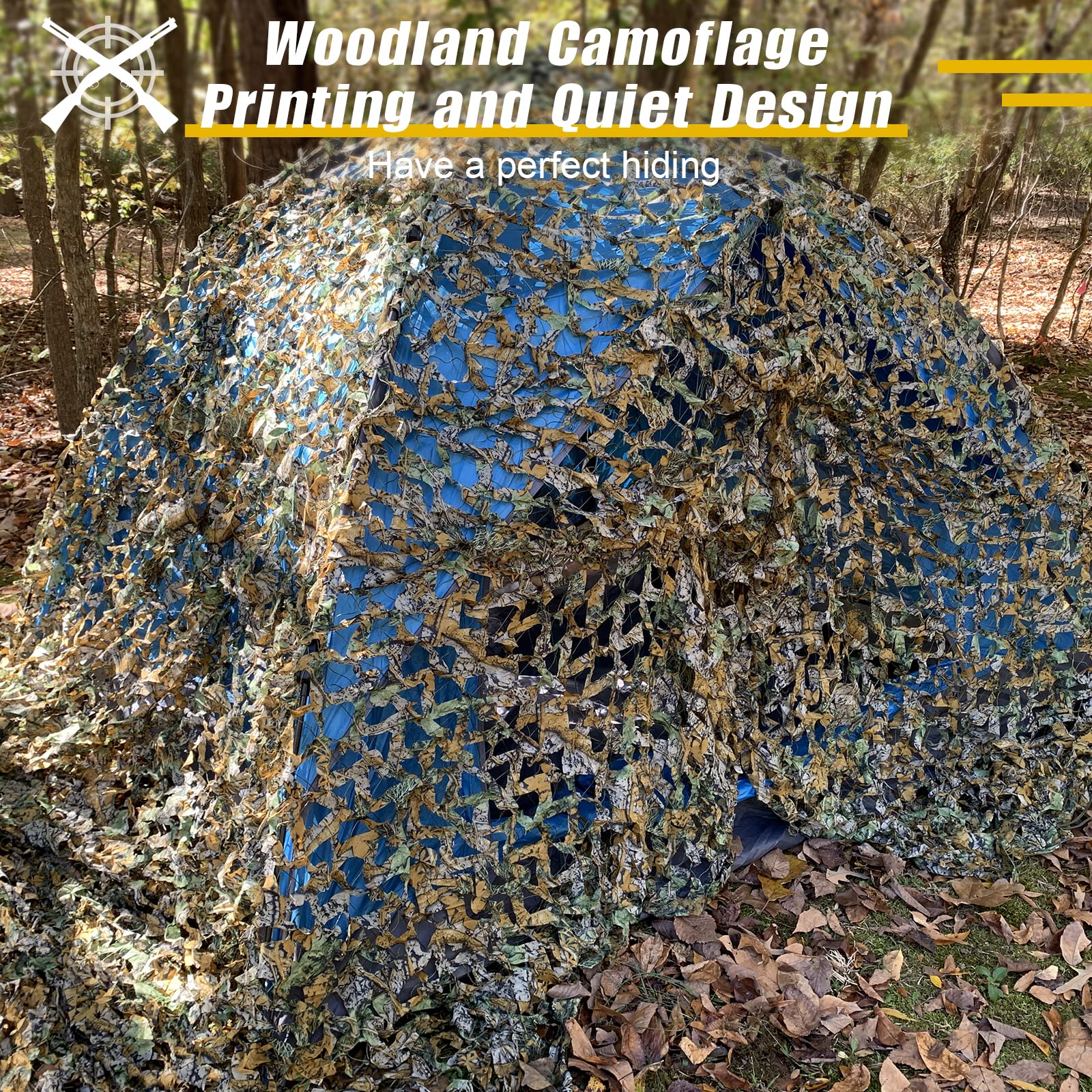 iunio Camouflage Netting - Military Grade Silent Camo Net, Large Bulk Roll Mesh for Hunting Blind Cover, Backdrop, Camo Themed Party, Sun Shade & Outdoor Camping | Durable Mesh Backing for Concealment & Protection