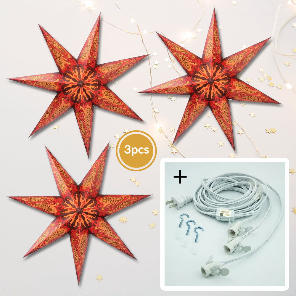 3-Pack 24/7 Point Crimson Fantasy LED Star Lantern with Bulbs & Cord - Perfect for Bedroom Decor, Party Lighting & Outdoor Garden Ambiance