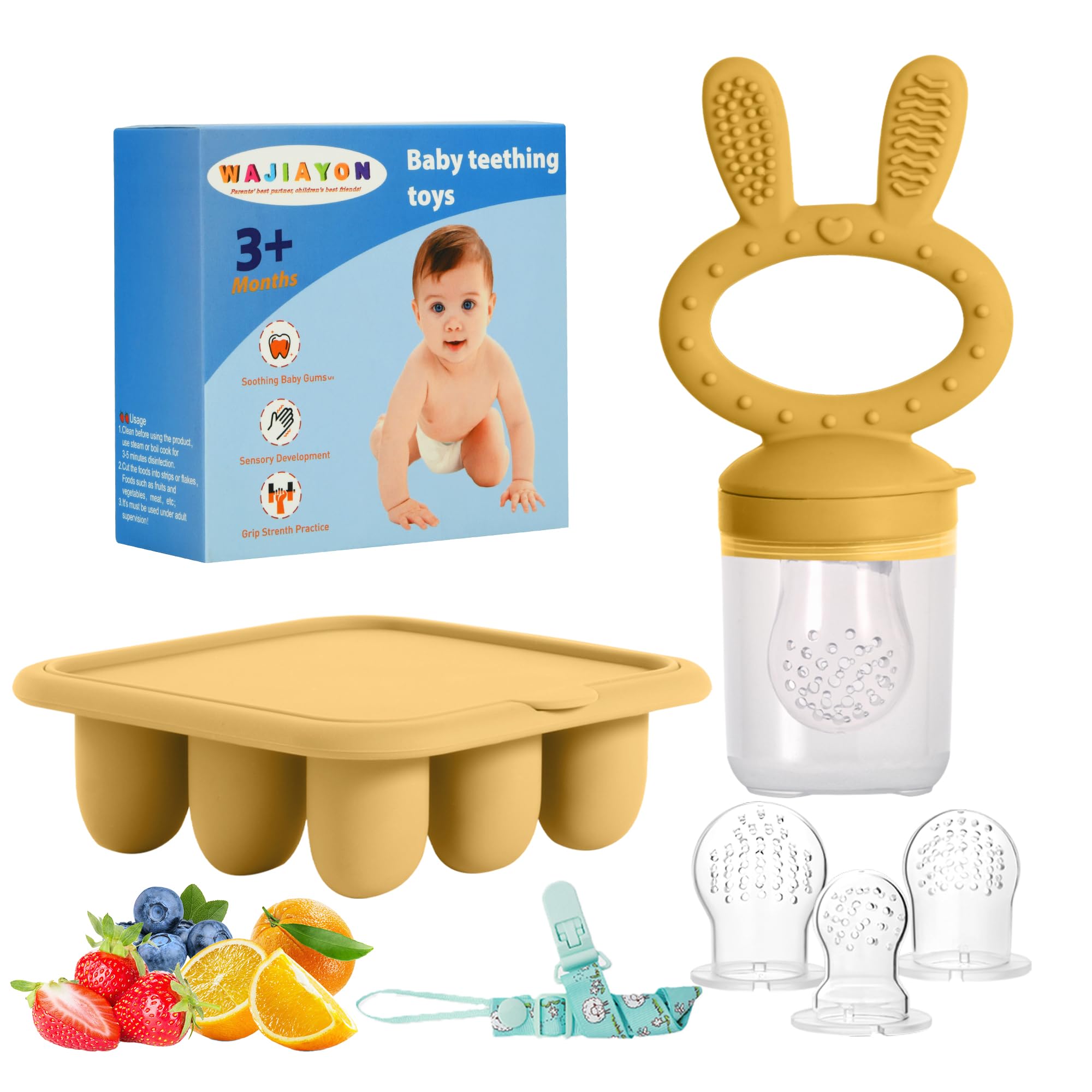 WAJIAYON 2-Pack Silicone Baby Breastmilk Popsicle Molds & Fruit Feeder - BPA-Free Freezer Storage Containers, Teething Pacifier and Soother for Infants (Yellow) - Perfect for Homemade Baby Food, Breast Milk Storage & Teething Relief