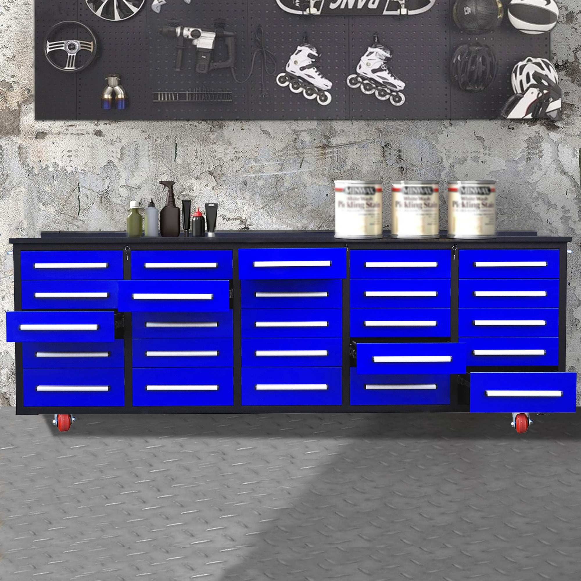 10ft Heavy Duty Workbench with 25 Storage Drawers - Blue | Garage Workshop Organizer, Tool Storage Solution for DIY & Professional Use