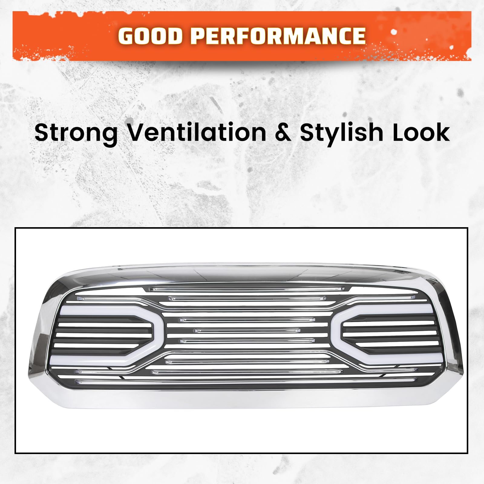 ECOTRIC Chrome Front Grill with LED Light Compatible with 2013-2018 Dodge RAM 1500 | Big Horn Hood Grille Replacement Shell | Perfect for Off-Road & Truck Customization