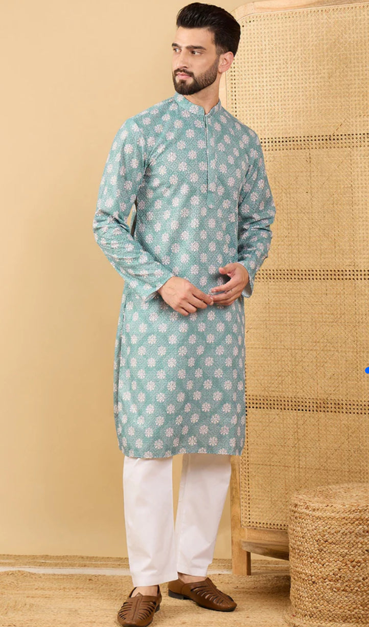 Men's Sea Green Embroidered Straight Chikankari Kurta | Traditional Indian Cotton Tunic | Perfect for Festivals, Weddings & Casual Wear