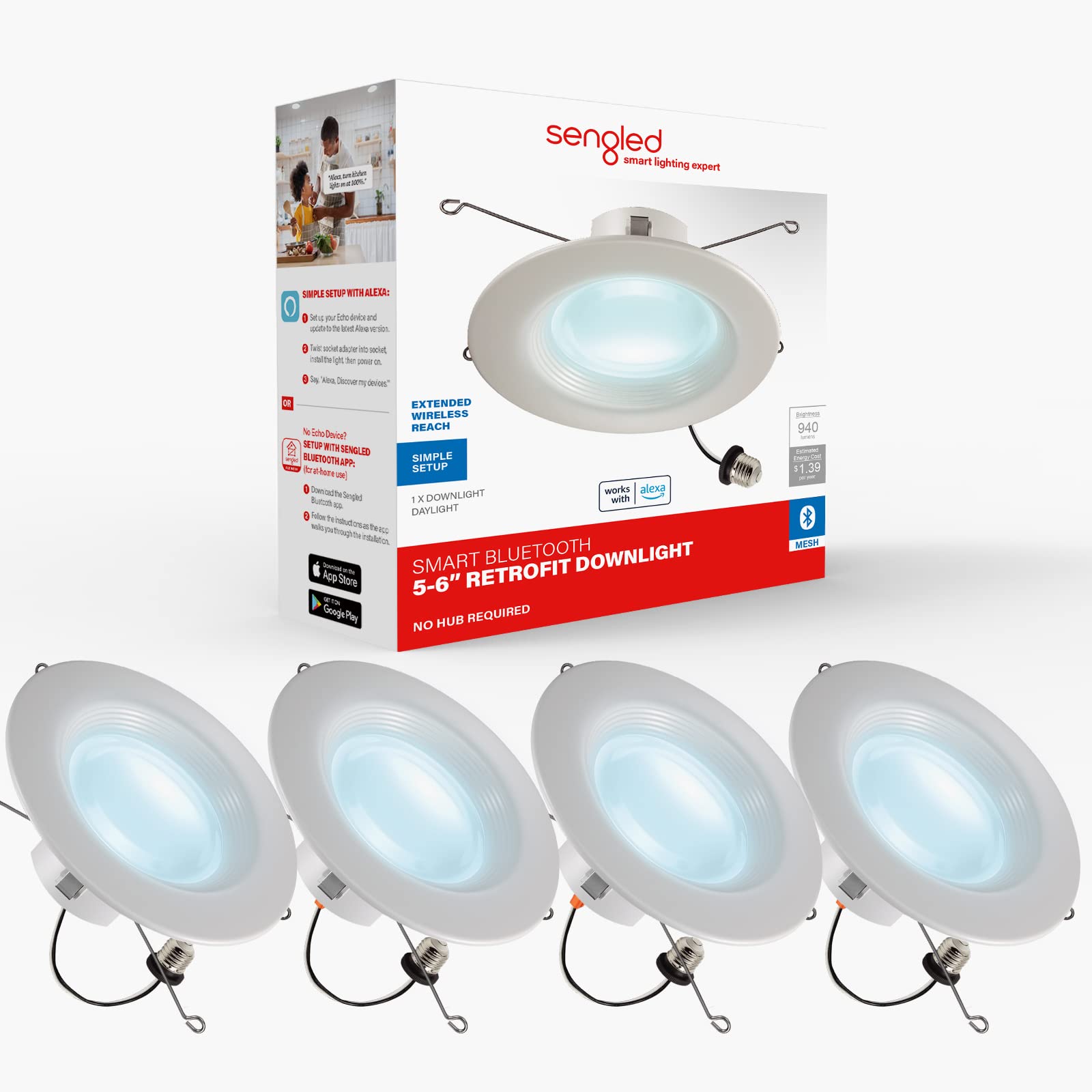 Sengled Smart Recessed Lighting 5/6 Inch, Alexa-Compatible LED Downlight Kit (4-Pack) - 5000K Daylight, Auto Pairing with Alexa Devices, Smart Home Can Lights for Living Room, Kitchen & Bedroom Ceiling Installation