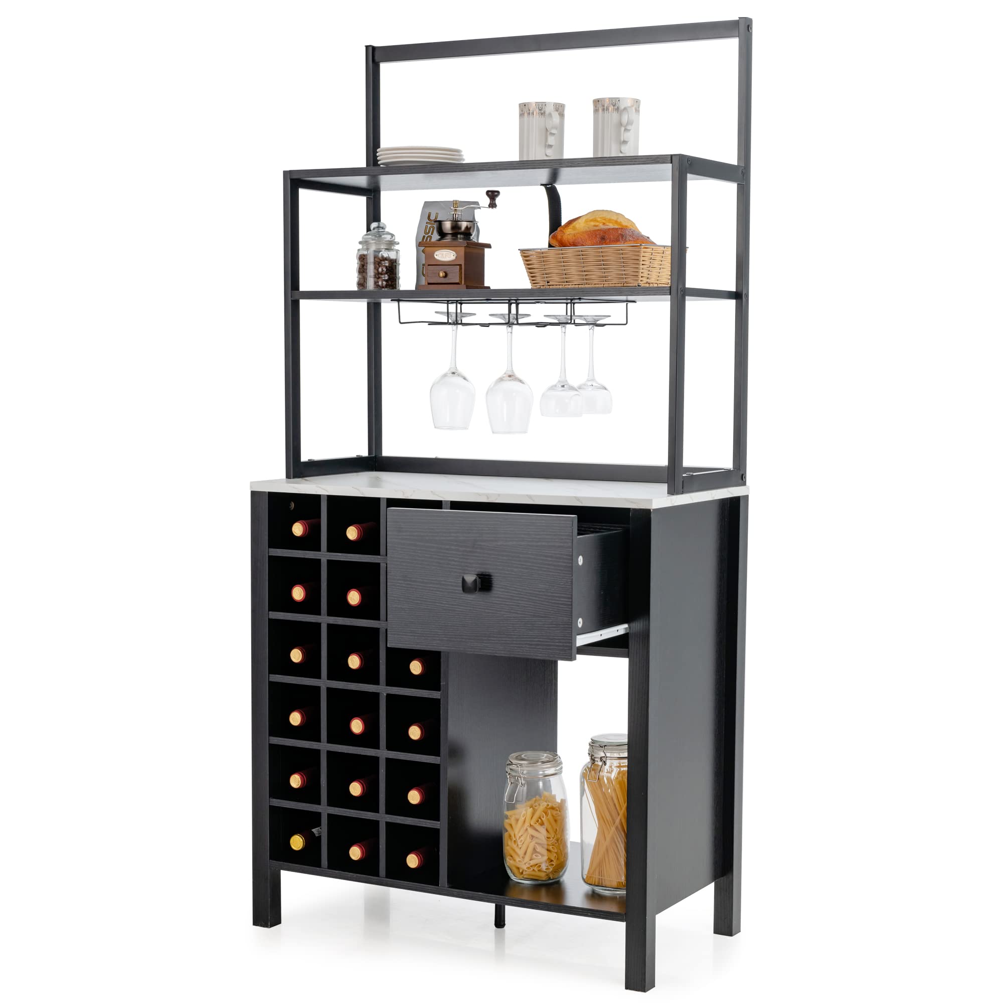 LOKO Bar Cabinet - Wine Storage Cabinet with Detachable Glass Holder & Racks, Kitchen Bakers Rack with Wine Rack, 31