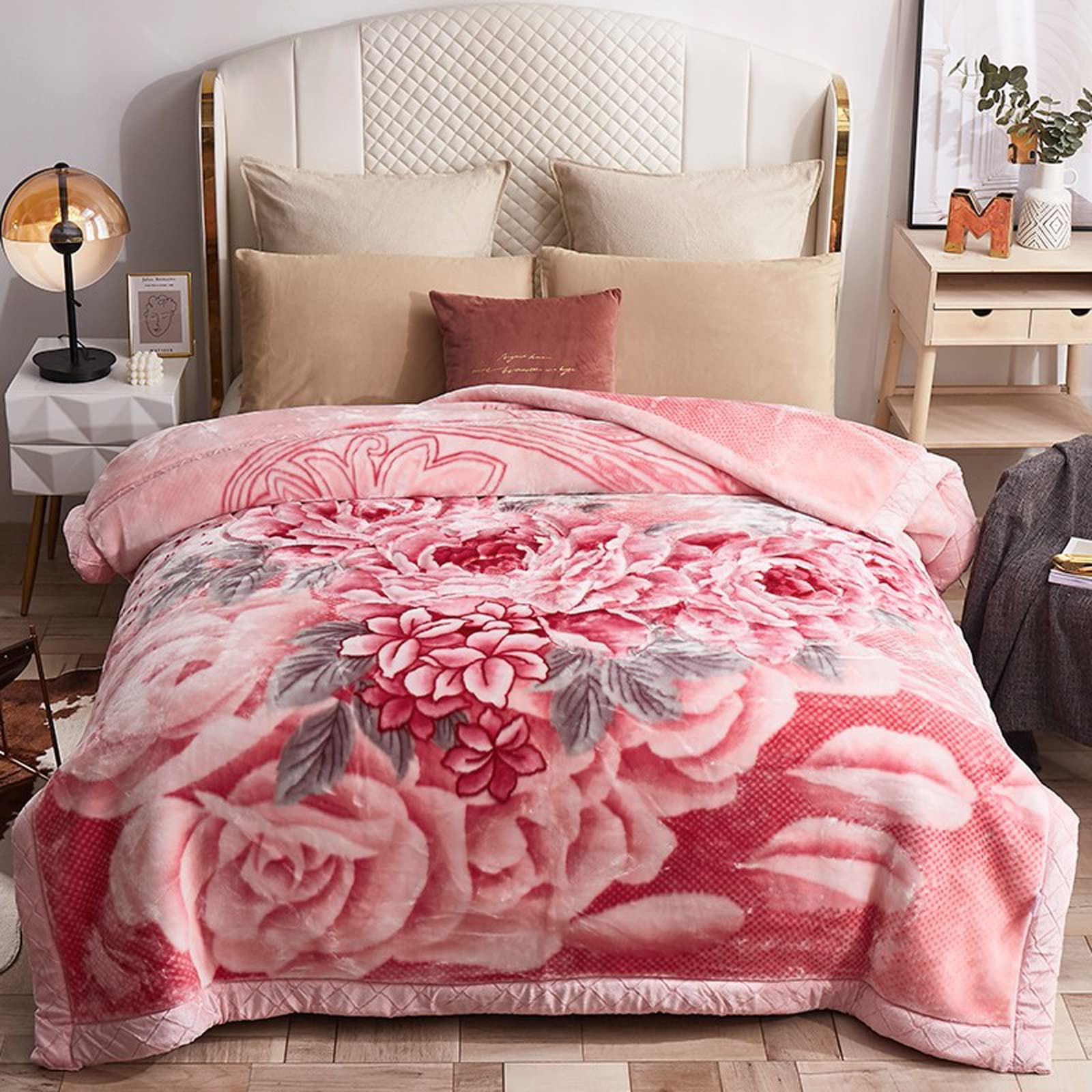 Premium Korean Mink Fleece Blanket - Ultra Soft 2-Ply Plush Horse & Sakura Design in Orange - King Size Winter Blanket for Bed, Couch & Gift Giving