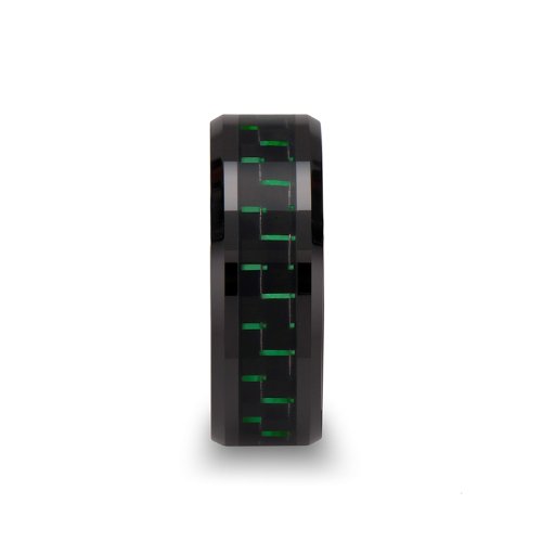 ATILUS Black Beveled Edge Ceramic Wedding Ring - 8mm Wide with Black & Green Carbon Fiber Inlay - Custom Engraved Inside - Durable & Stylish Men's Wedding Band - Perfect for Anniversaries, Engagements & Everyday Wear
