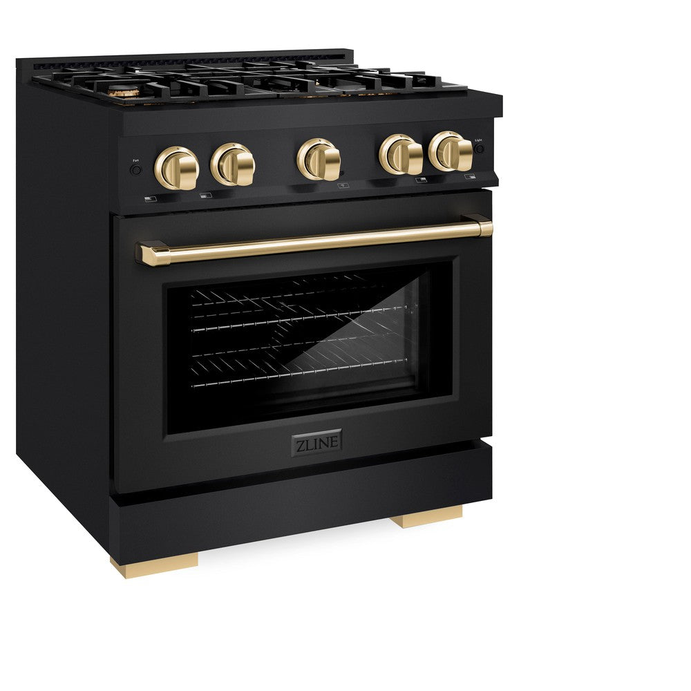 ZLINE Autograph Edition 30-inch 4.2 cu. ft. Gas Range with 4 Burner Cooktop & Convection Oven - Black Stainless Steel with Gold Accents | Professional Kitchen Appliance for Home Chefs & Cooking Enthusiasts