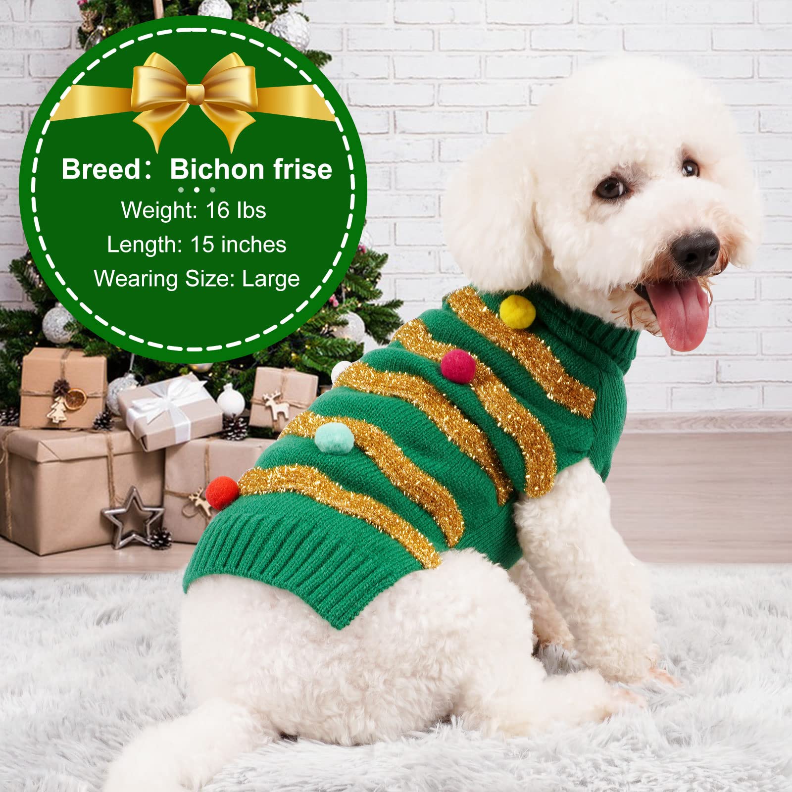 Warm Glitter Turtleneck Christmas Dog Sweater with Leash Hole - Cozy Winter Clothes for Medium & Large Dogs - Perfect for Holiday Photos & Cold Weather Outings