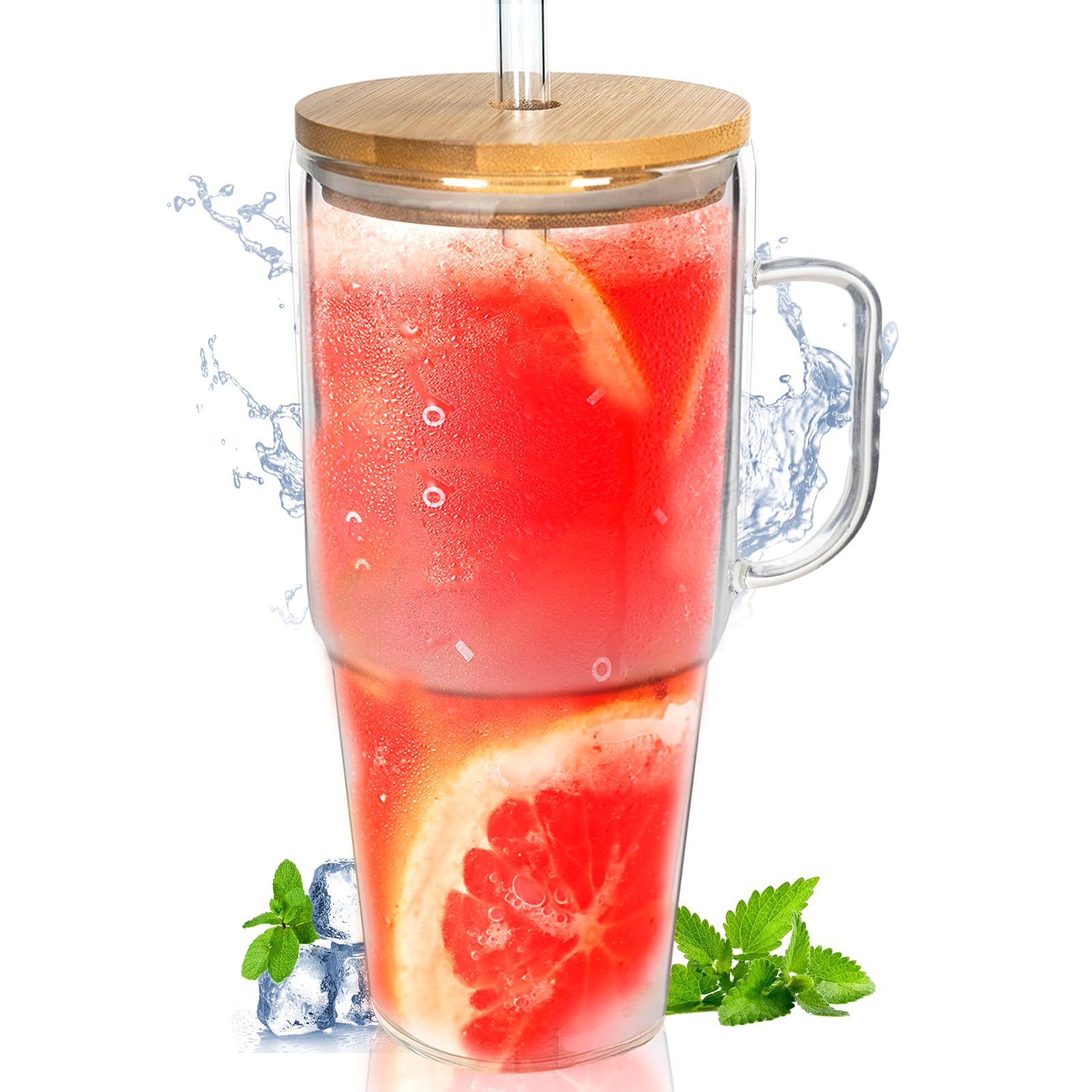 ANOTION 40oz Glass Tumbler with Lid, Straw & Handle - Insulated Travel Mug for Iced Coffee, Smoothies & Cold Drinks - BPA-Free Reusable Water Bottle for Home, Office & Outdoor Activities