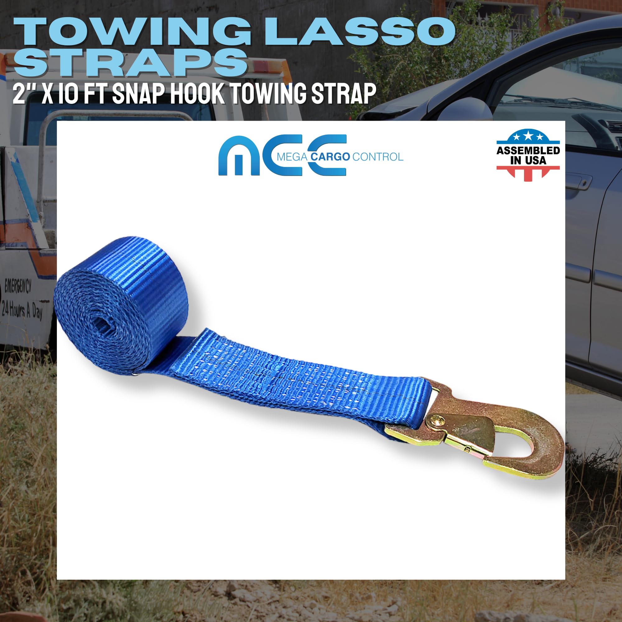 2in x 10ft Heavy Duty Snap Hook Lasso Winch Strap - Pack of 8 Blue USA Made Tie Down Straps for Car Tires, Trailers, Auto Tow & Wheel Security - Perfect for Off-Roading, Towing & Vehicle Transport