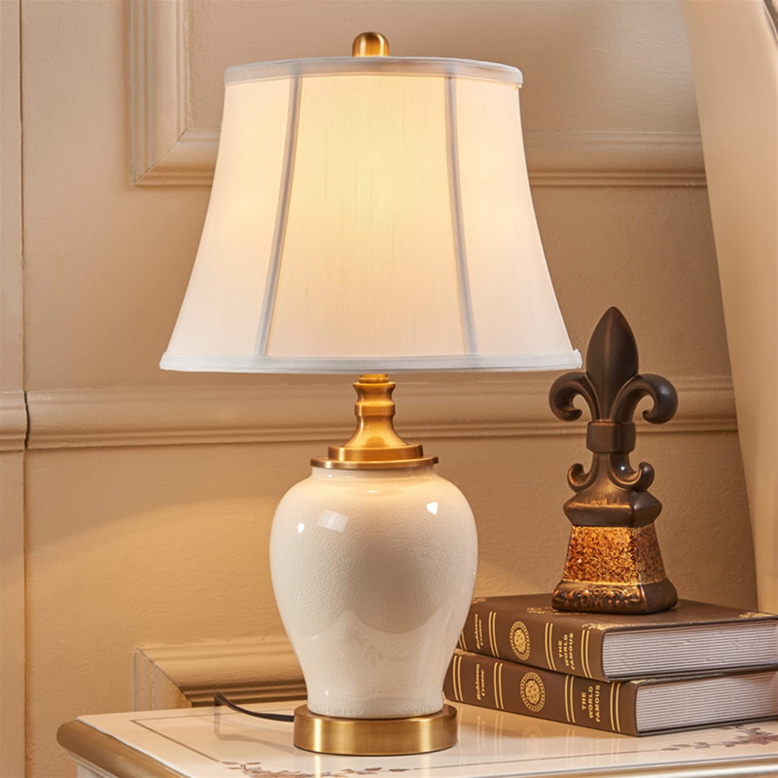 White Ceramic Table Lamp with Fabric Lampshade - Modern Farmhouse Bedside Lamp for Bedroom, Living Room & Study - Warm Reading Light & Decorative Desk Lamp for Cozy Home Decor