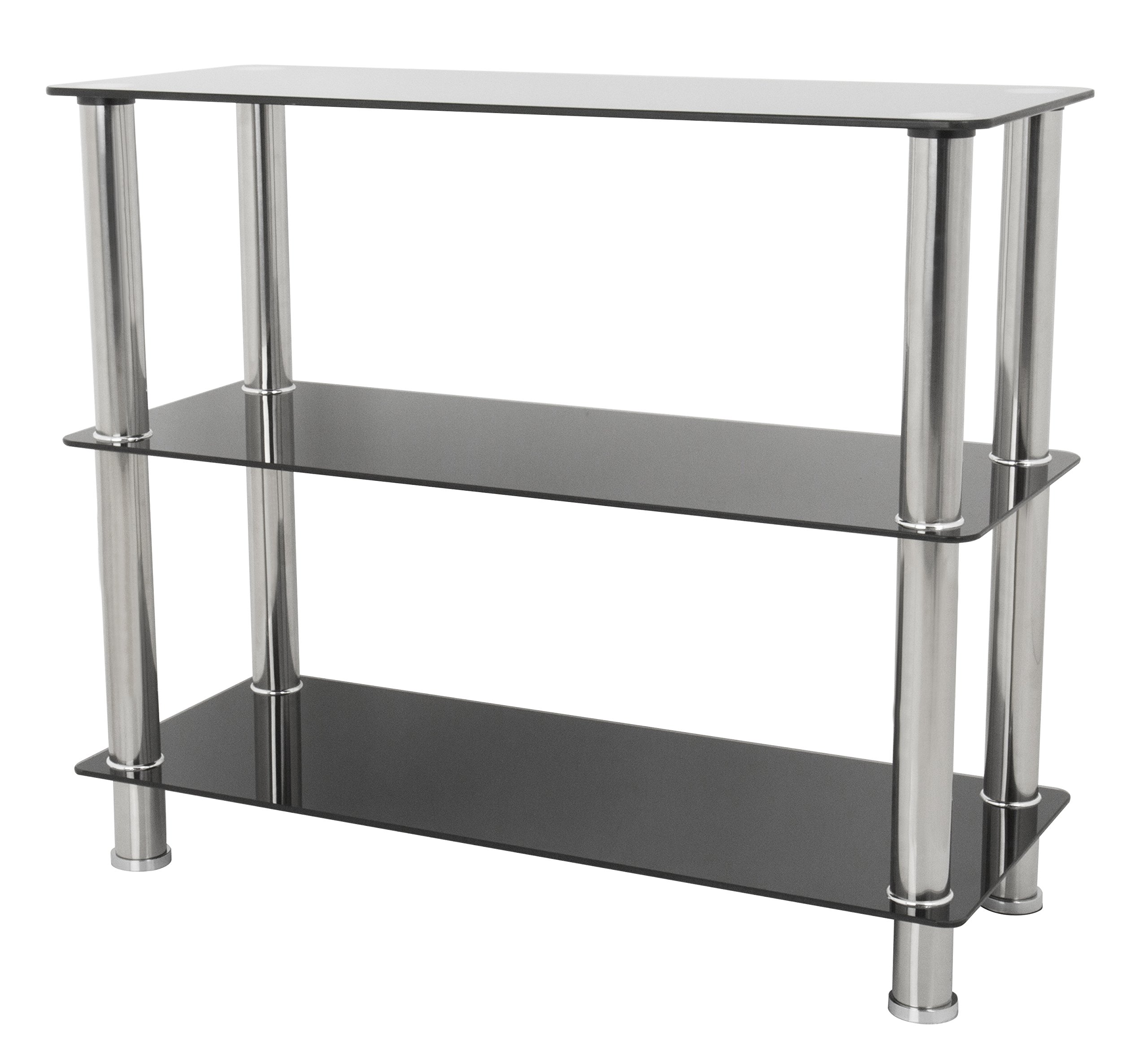 AVF S13-A 3-Tier Wide Shelving Unit - Black Glass & Chrome Finish - Modern Storage Shelf for Living Room, Bedroom, or Office Organization