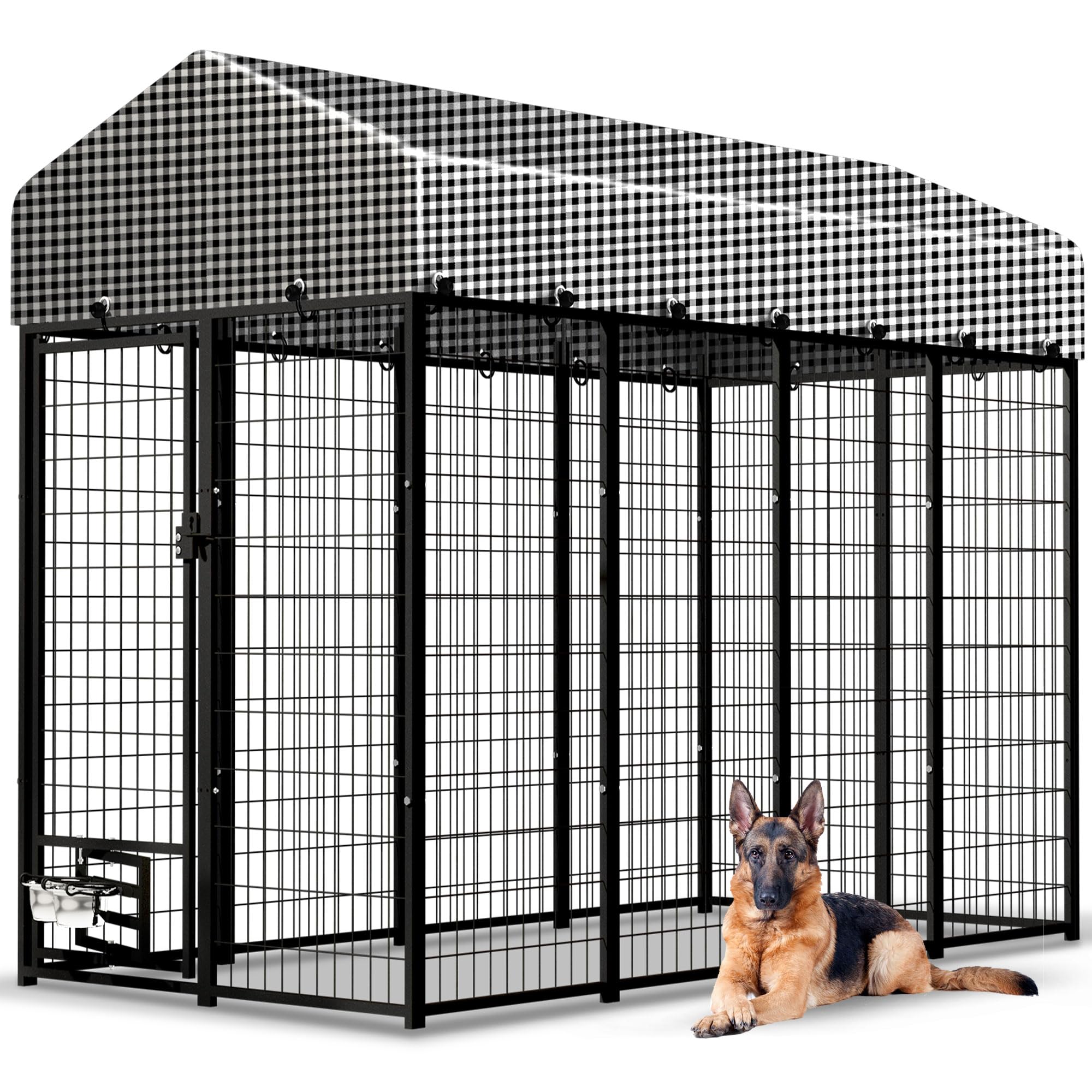 8'x4'x6' Expandable Large Dog Kennel with Bowls - Indoor & Outdoor Dog Playpen, Exercise Cage, Pet Fence with Lockable Feeding Door & Roof - Perfect for Small & Large Dogs in Backyards, Patios, and Travel Use