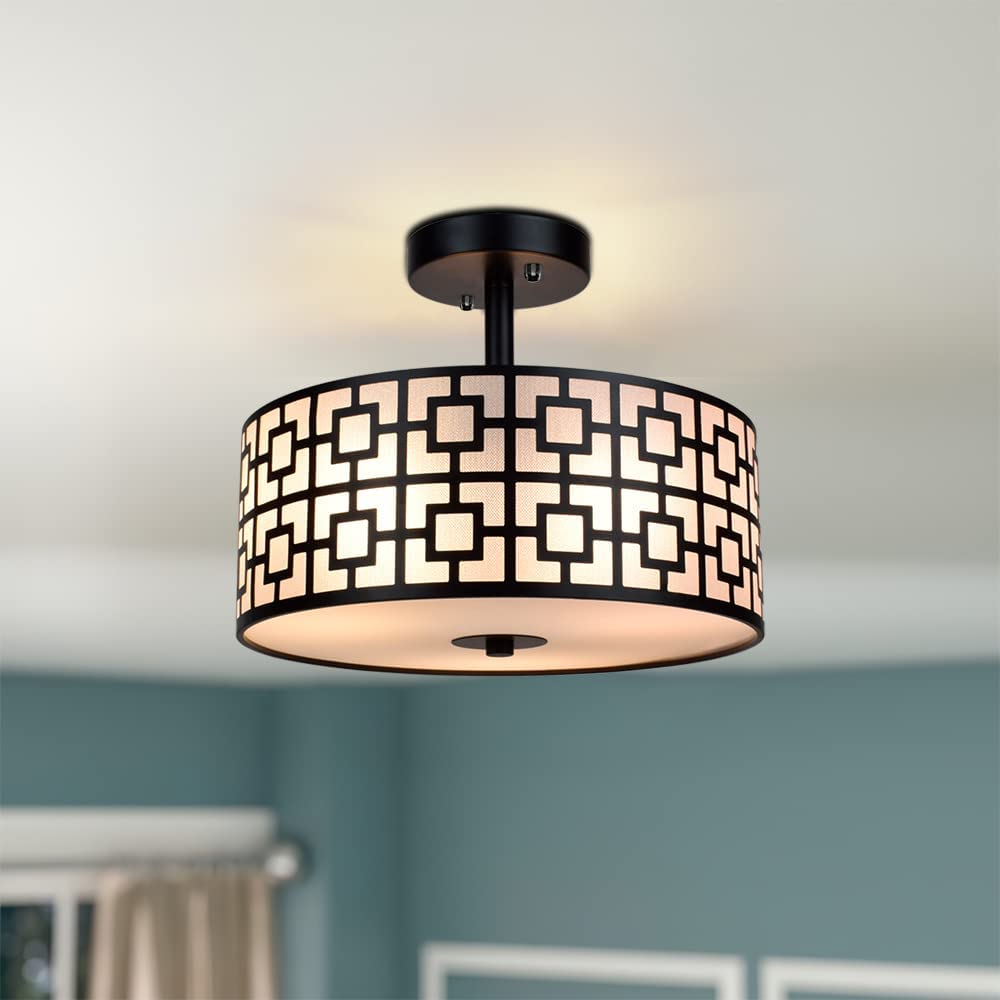 Depuley 12.6 Inch Modern Semi Flush Mount Ceiling Light Fixture - 3-Light Drum Chandelier for Bedroom, Dining Room, Kitchen, Hallway, Entryway, Foyer & Living Room - Black/Silver Finish - Perfect for Ambient Lighting and Home Decor