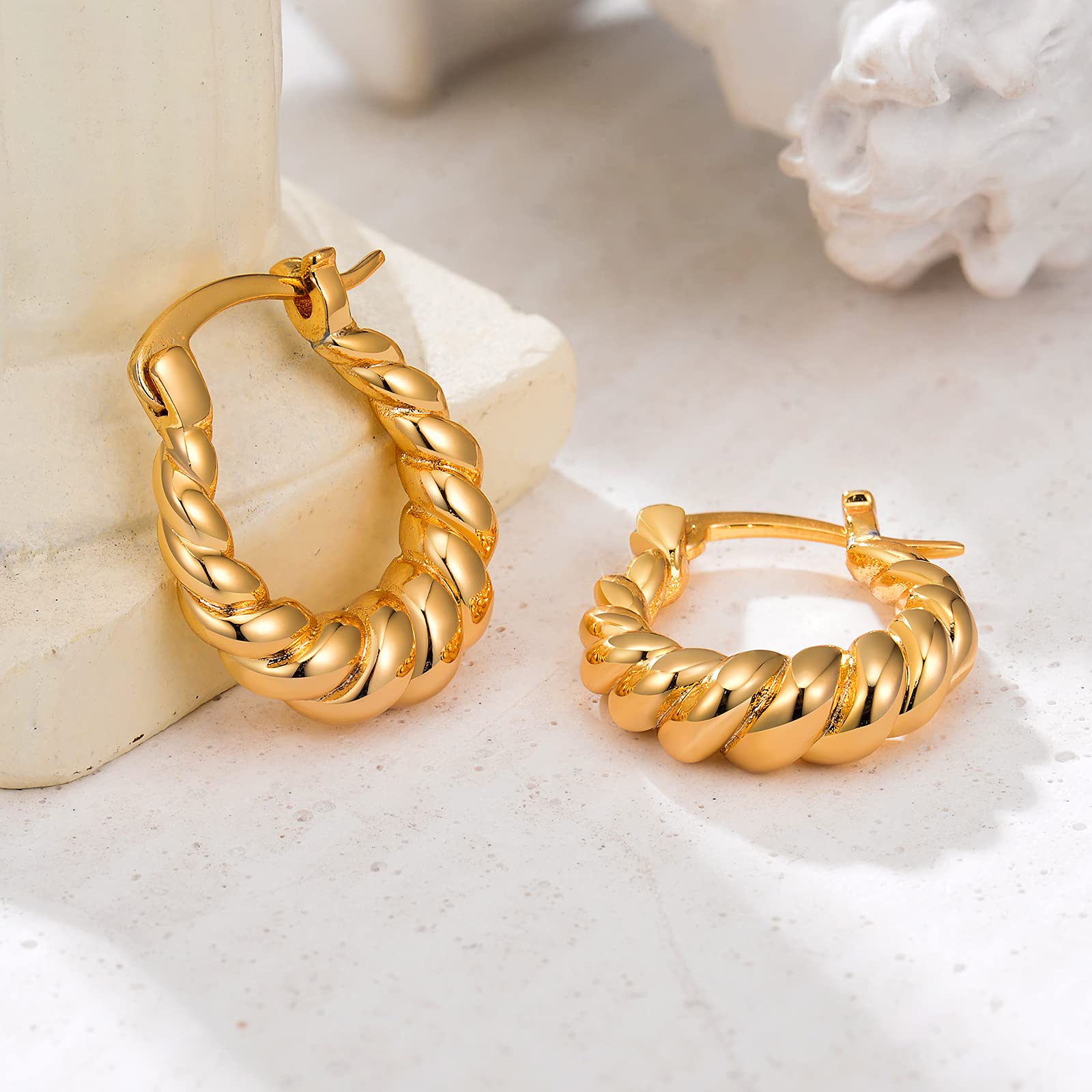 14K Gold Plated Croissant Earrings for Women - Chunky Hoop Earrings with CZ Stones, 925 Sterling Silver Post Huggie Earrings - Perfect Mother's Day Gift, Birthday Present & Everyday Fashion Jewelry