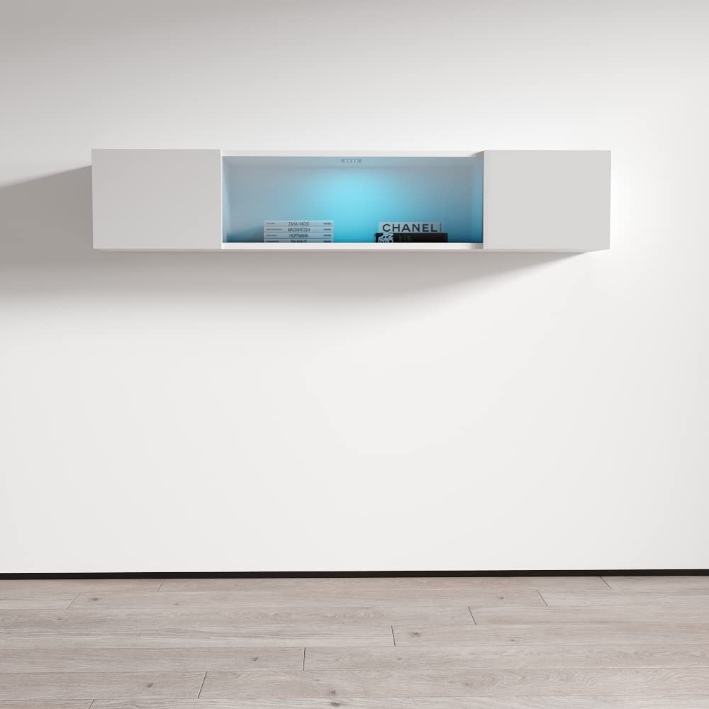 Modern Floating Media Cabinet - Type 52 Rectangular Hanging Storage Unit | Durable Wooden Wall-Mounted TV Stand with High Gloss Finish & LED Lighting (White) | Perfect for Living Room, Bedroom & Home Theater Organization