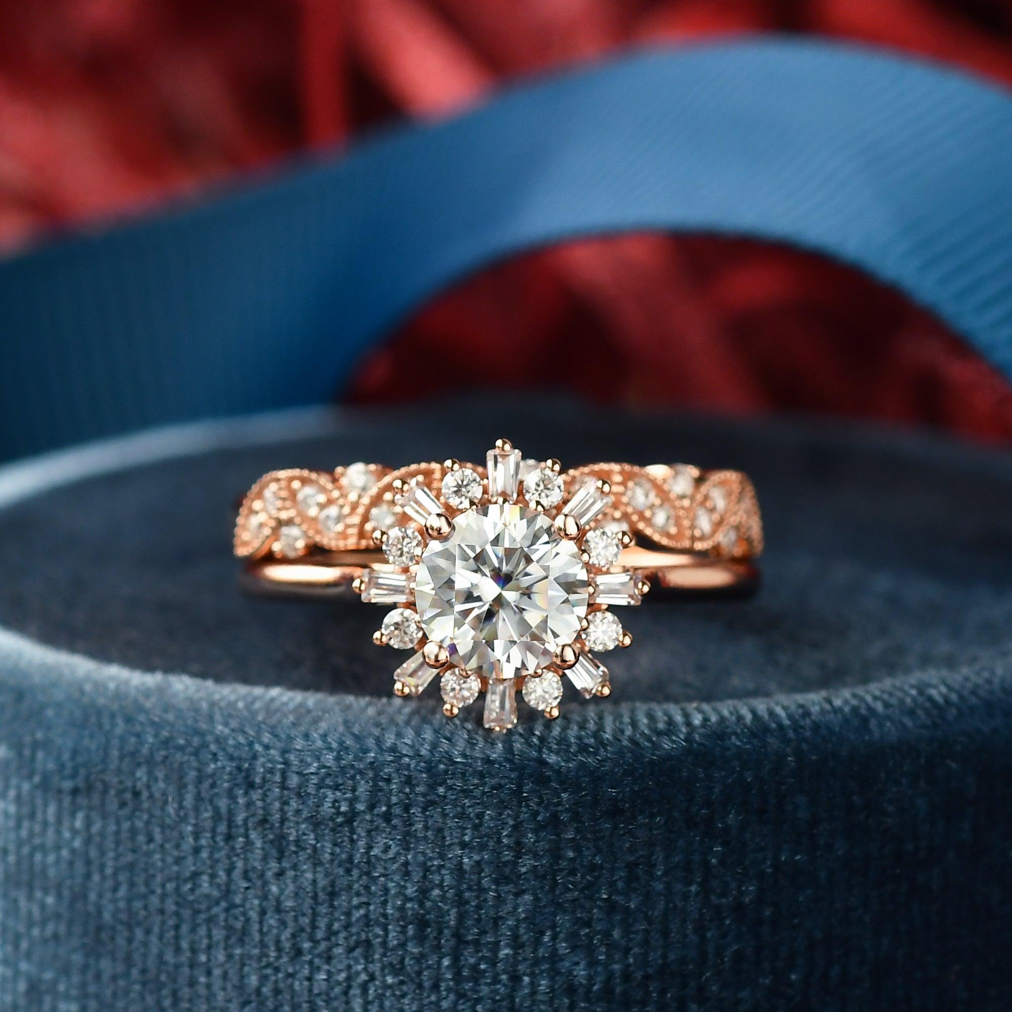 Moissanite Halo Yellow Gold Engagement Ring Set - 2 Piece Bridal Wedding Band for Women - Perfect for Proposals, Anniversaries & Special Occasions