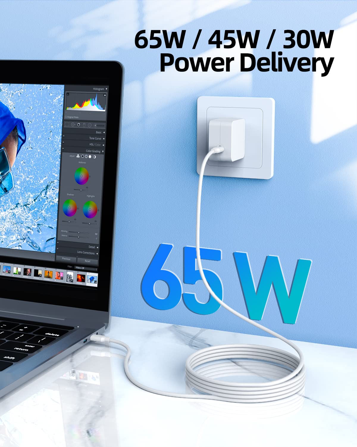 65W Fast GaN Charger for Samsung Galaxy Book Pro & Pro 360 Laptop (NP950QDB NP930QDB NP935QDC NP950XDB NP930XDB) - Compact USB-C Charger with 7.5ft Cable, UL Certified - Perfect for Travel, Office & Home Use