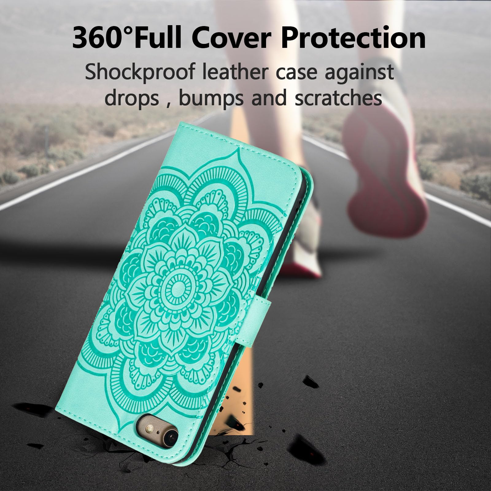 EYZUTAK Premium Leather Mandala Flip Wallet Case for iPhone SE (5G) 2022/iPhone 7/iPhone 8/iPhone SE 2020 - Ultra Slim Magnetic Stand Cover with Card Slots & Lanyard (Embossed Green) - Perfect for Travel, Work & Everyday Protection