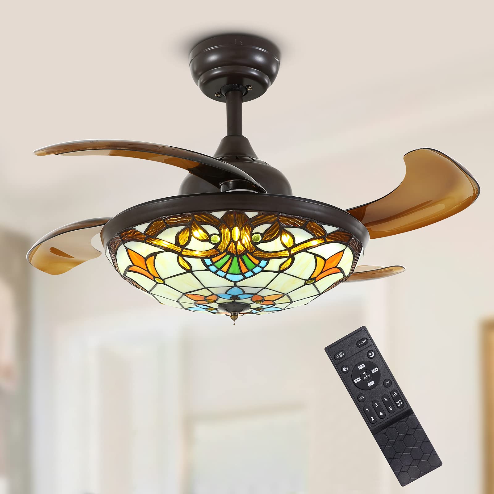 Moooni 36 Inch Mediterranean Style Ceiling Fan with Light Kit & Remote Control - Tiffany Style Fandelier with Retractable Blades - Dimmable LED Indoor Ceiling Fan in Brown - Perfect for Living Room, Bedroom, and Dining Room