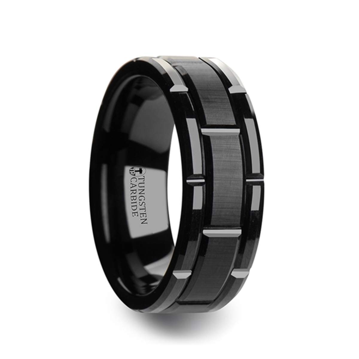 Premium Tungsten Carbide Wedding Band for Men - 8mm Comfort Fit Black Beveled Ring with Brushed Finish & Groove Design - Ideal for Engagements, Anniversaries & Everyday Wear