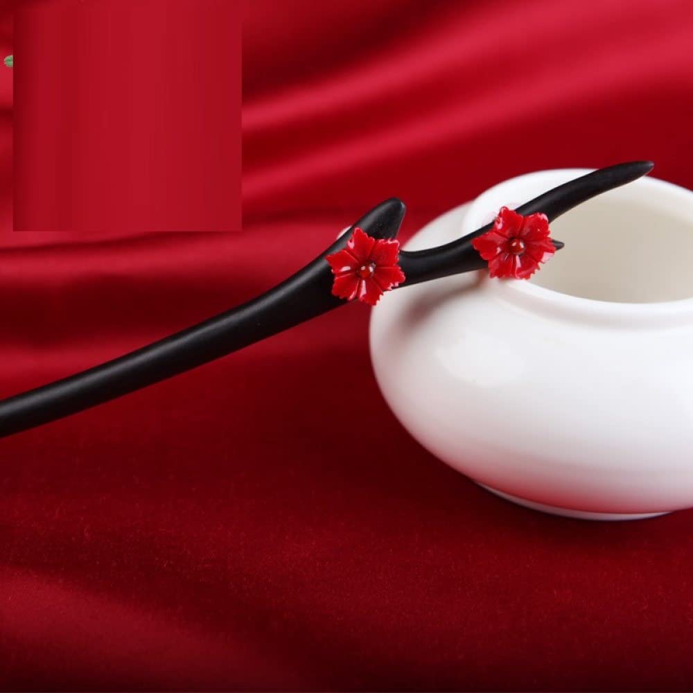 Elegant Red Flower Wooden Hair Sticks for Buns - Chinese Classical Ebony Hair Chopsticks for Women | Perfect for Updos, Weddings & Traditional Hairstyles