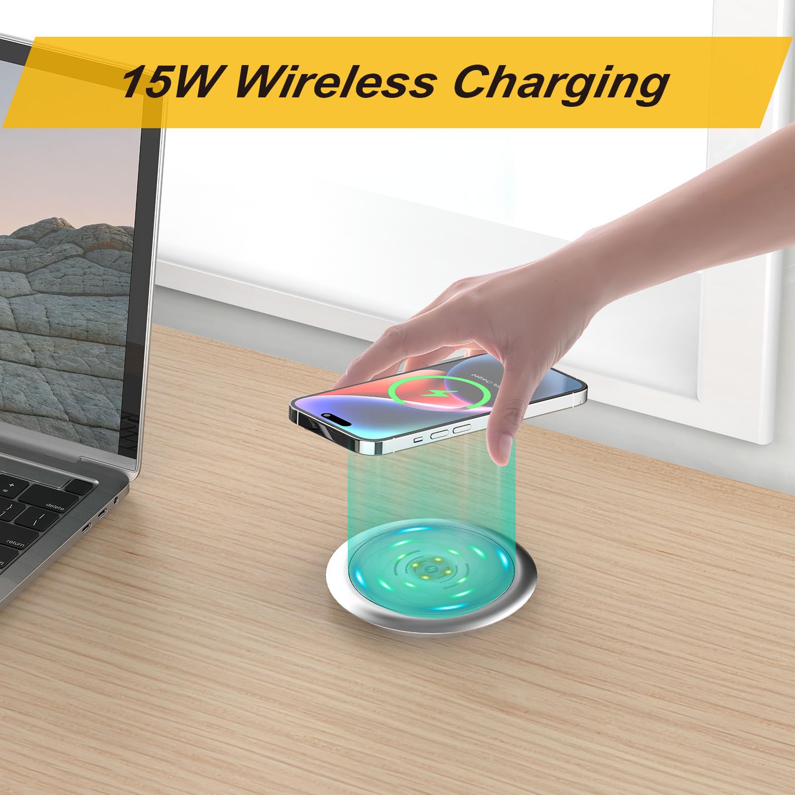 20W USB-C PD Automatic Pop-Up Outlet with 15W Wireless Charger - 3 AC Outlets & 3 USB Ports for Home, Office, Kitchen, Conference & Workbench - Space-Saving Power Strip (Black) | Perfect for Clutter-Free Desks, Countertops & Workstations