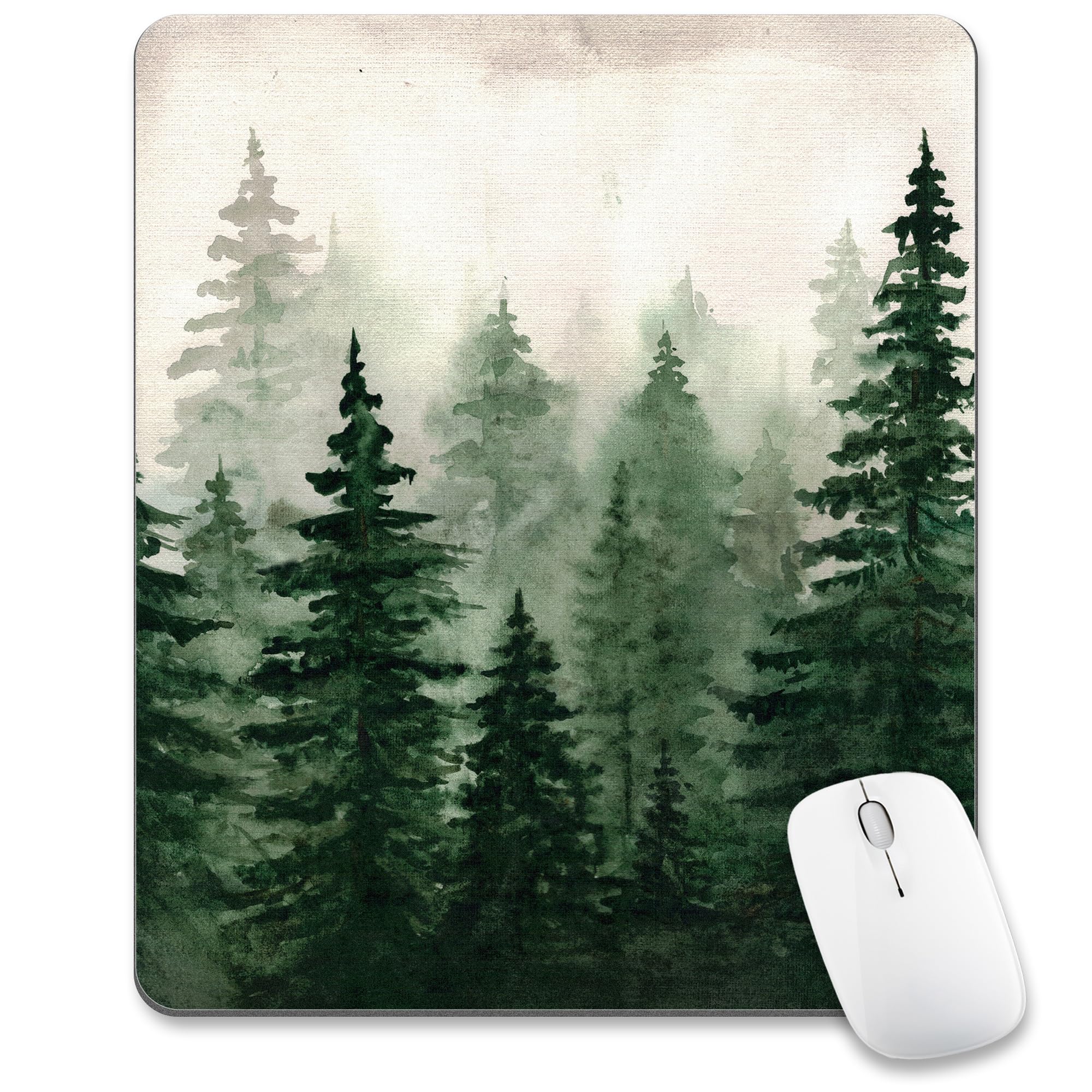 Premium Green Fir Forest Mouse Pad - Non-Slip Rectangular Desk Mat for Laptop, Computer, Gaming & Office | Foggy Mountain Tree Design | Cute Nature Scenery Wireless Mouse Mat | Perfect for Home Office, Gaming Setup & Workspace Decor