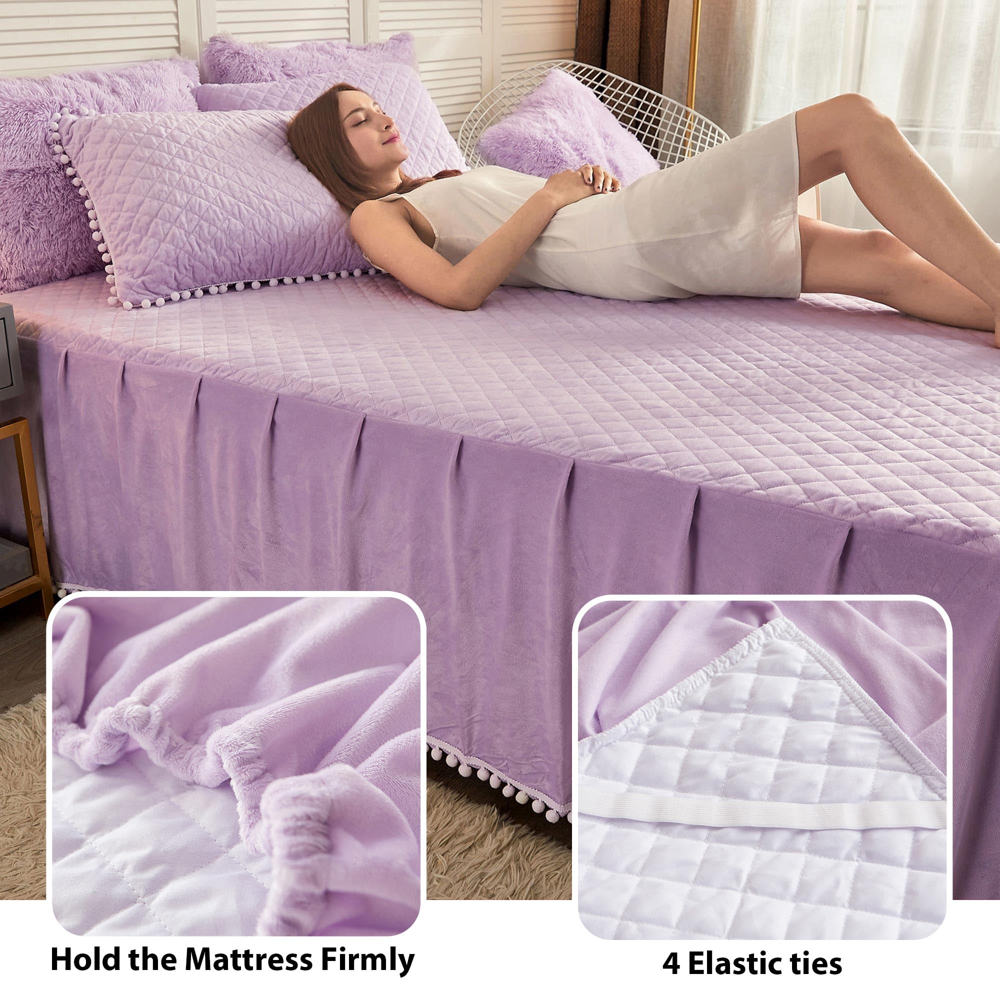 Luxury Pom Poms Velvet Bed Skirt - 18 Inch Drop Lavender Dust Ruffle Bed Skirt for Full/Queen Beds | Soft Cozy Quilted Fitted Bed Sheet with Elegant Fringe | Orchid Purple Bedspread Decor for Master Bedroom & Guest Room