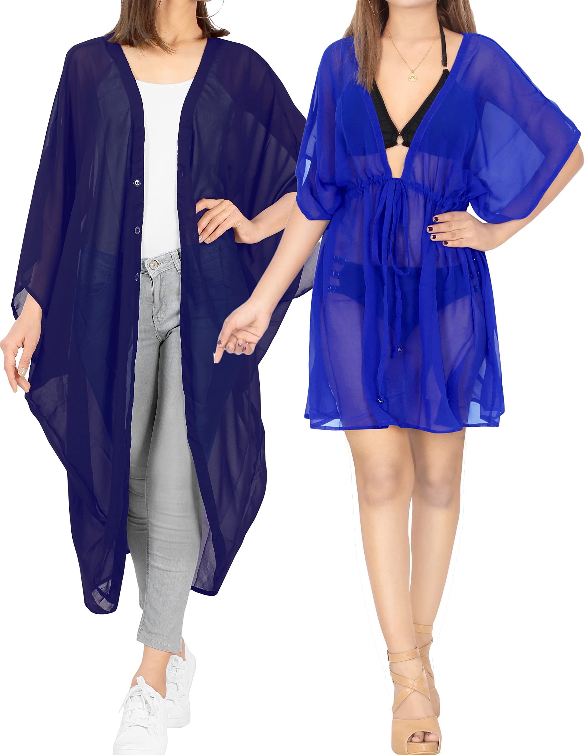 LA LEELA Women's Chiffon Cover-Up Blouse - Sexy Bikini Beachwear with Sheer Front Tie, Kimono Cardigan & Casual Dress - Pack of 2 for Beach, Pool, Vacation & Summer Outfits