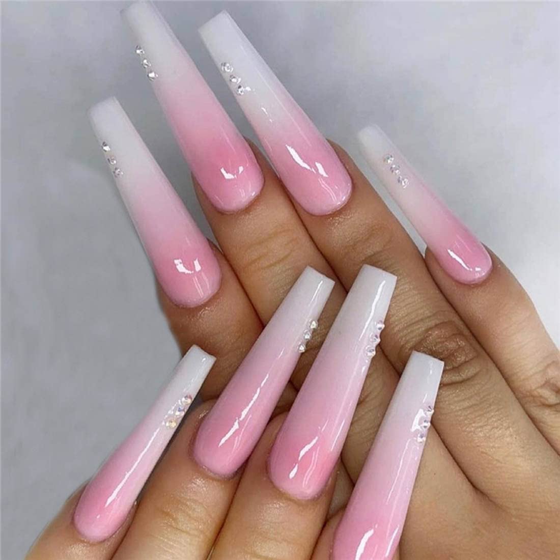 24pcs Coffin Fake Nails - Pink Gradient Press on False Nails Long Ballerina Style, Full Cover Artificial Nails for Women & Girls | Perfect for Parties, Weddings, Date Nights & Special Occasions (Pink2)